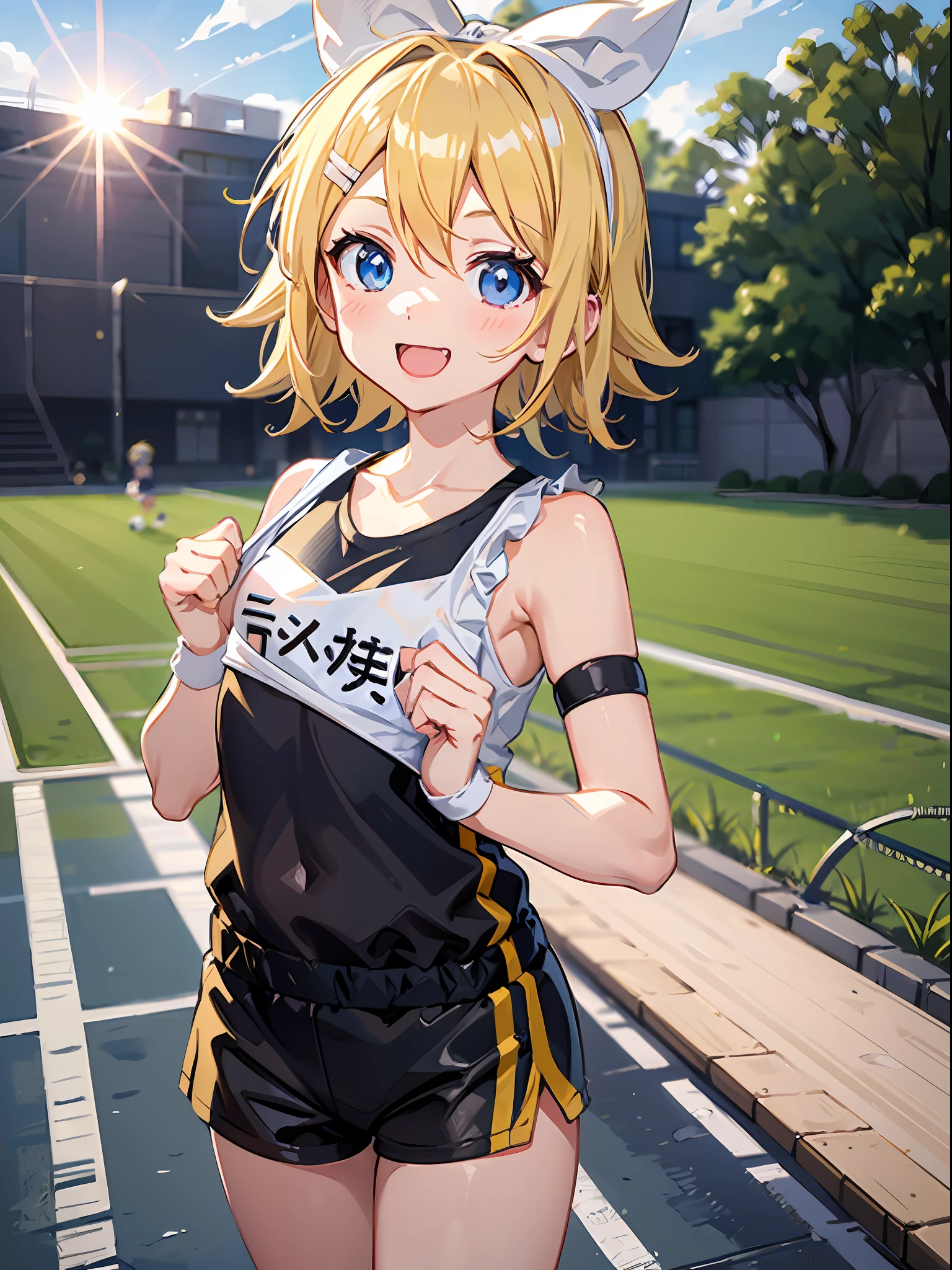 Kagamine Rin, White Ribbon, Vocalo, Shirt, Blue Eyes, Jersey, Gym Clothes, (Loli, Toddler, 5 Year Old Girl: 1.2), Playing Ball, Smile, Sun, Lens Flare, Sports Day, Clavicle, Sweat,