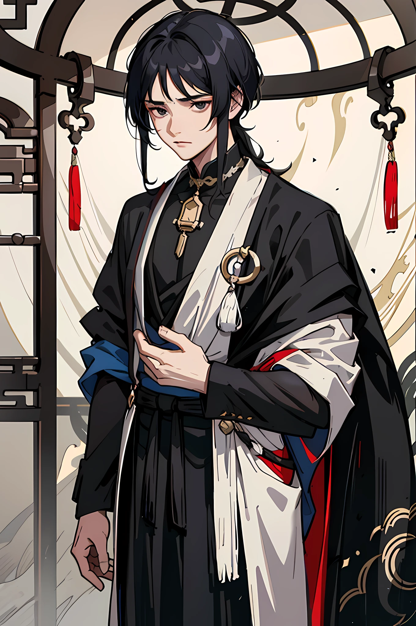 A handsome young man with long black hair and a shawl, wearing an ancient Chinese white robe, black eyes full of sorrow, helplessly and frustrated in the scene of the severance of the fairy road, the picture presents mystery, loss and loneliness. The indoor environment is depressing.