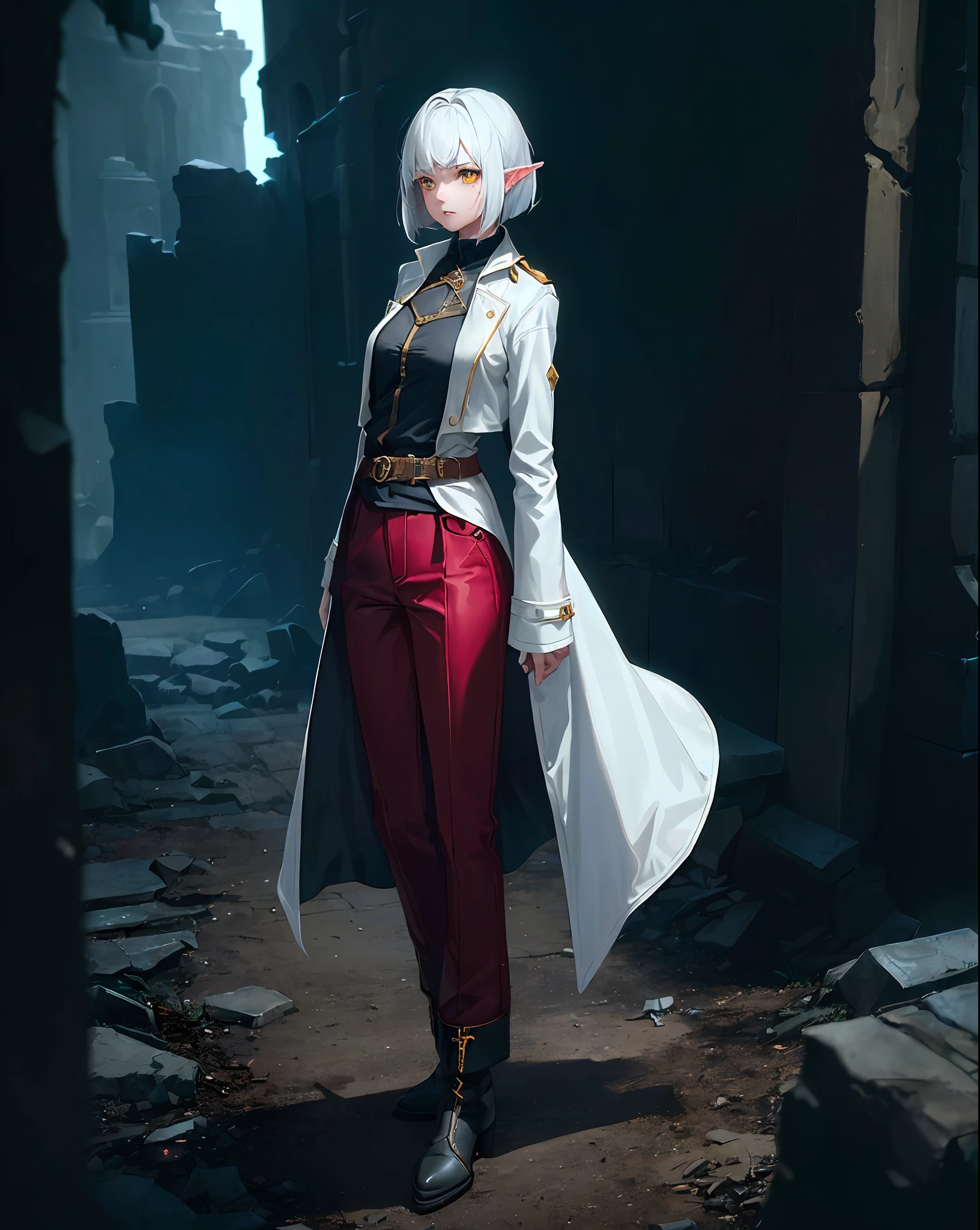 (1girl, solo, full height:1.5) award-winning photography, girl (elven ears, young, sweet face: 1.1), thin, fragile, straight hair, disheveled hair, (white coat with red accents, killer-style coat, fantasy (pants), boots), adventurer's clothes, glowing eyes, (gray hair: 1.2), (bob haircut), (yellow eyes), (using dark magic: 1.2), posing in a dark city ruins, (rim lighting, :1.4) Two-color lighting, sharp focus, octane, unreal, dimly lit, restrained,
