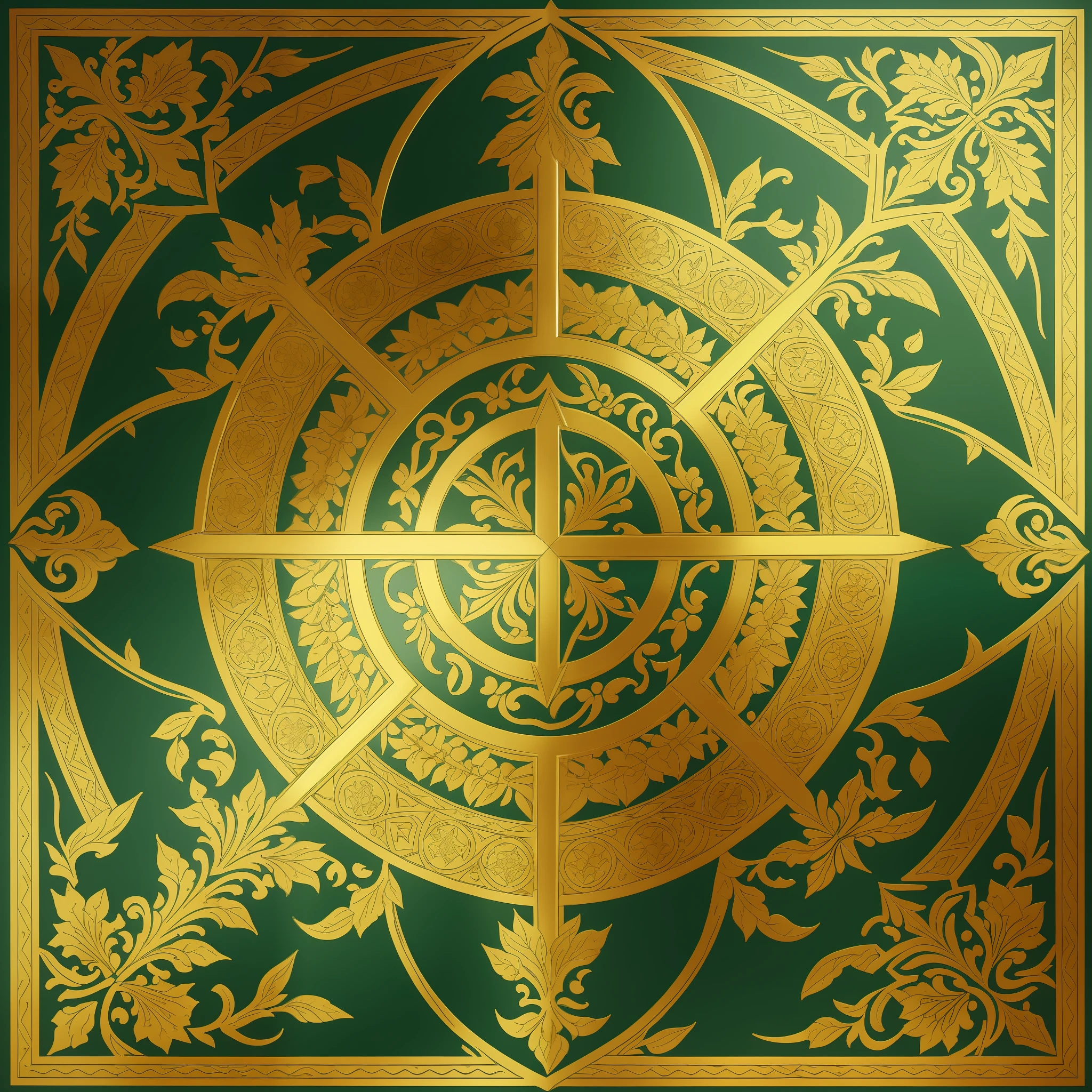Logo with leaf green background, with large shield, black, medieval style, with wide edges and gleaming gold. Below the shield are two branches of gleaming golden laurels, centered, positioned in a mirrored fashion, from bottom to top. Above the shield a medieval stripe, golden, gleaming, written WOLF in black, Goldiwak font, centered, bold, larger size for highlighting. Below the laurel branches written Graphic Designs, smaller size, Madson font, centered.

In the center of the shield outlines of a wolf's head in gleaming gold, looking forward with fixed and serene gaze, details on the forehead that form a pyramid with the tip up also golden. --auto --s2