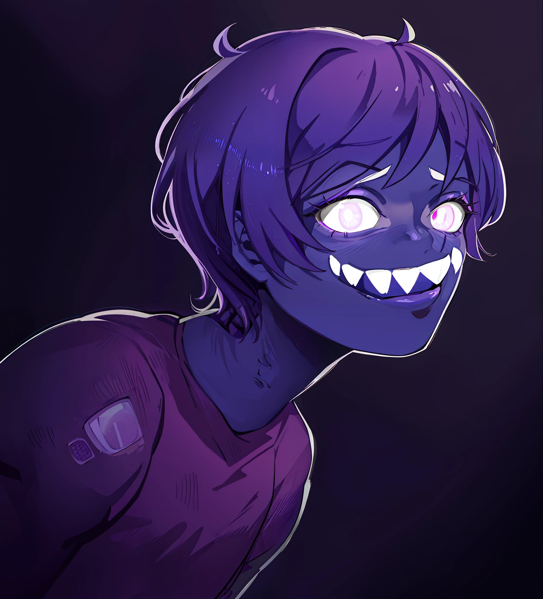 A closeup of a person with a scary face purple purple skin, shiny face creature, with bright eyes, bright head, with bright purple eyes, bright purple eyes, detailed bright head, evil smile and bright eyes, Gapmoe Yandere Grimdark, [[[[Grinning evily]]]], he is very menacing and evil, realistic art