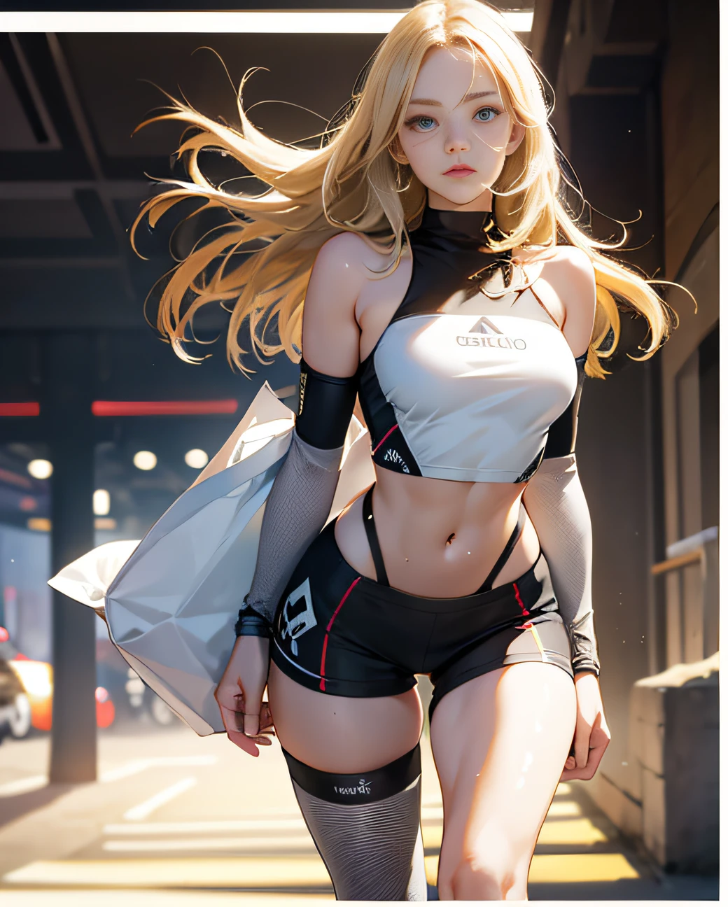 Anime girl, shoulder length messy blonde hair, heterochromia brown and grey, Real Madrid jersey , happy, shopping, Full body Beautiful anime style girl, sweat leggs, clean detailed faces, intracate clothing, analogous colors, glowing shadows, beautiful gradient, depth of field, clean image, high quality, high detail, high definition, Luminous Studio graphics engine, cute face, slim waist, nice hips, tattoo in the left arm, --auto --s2