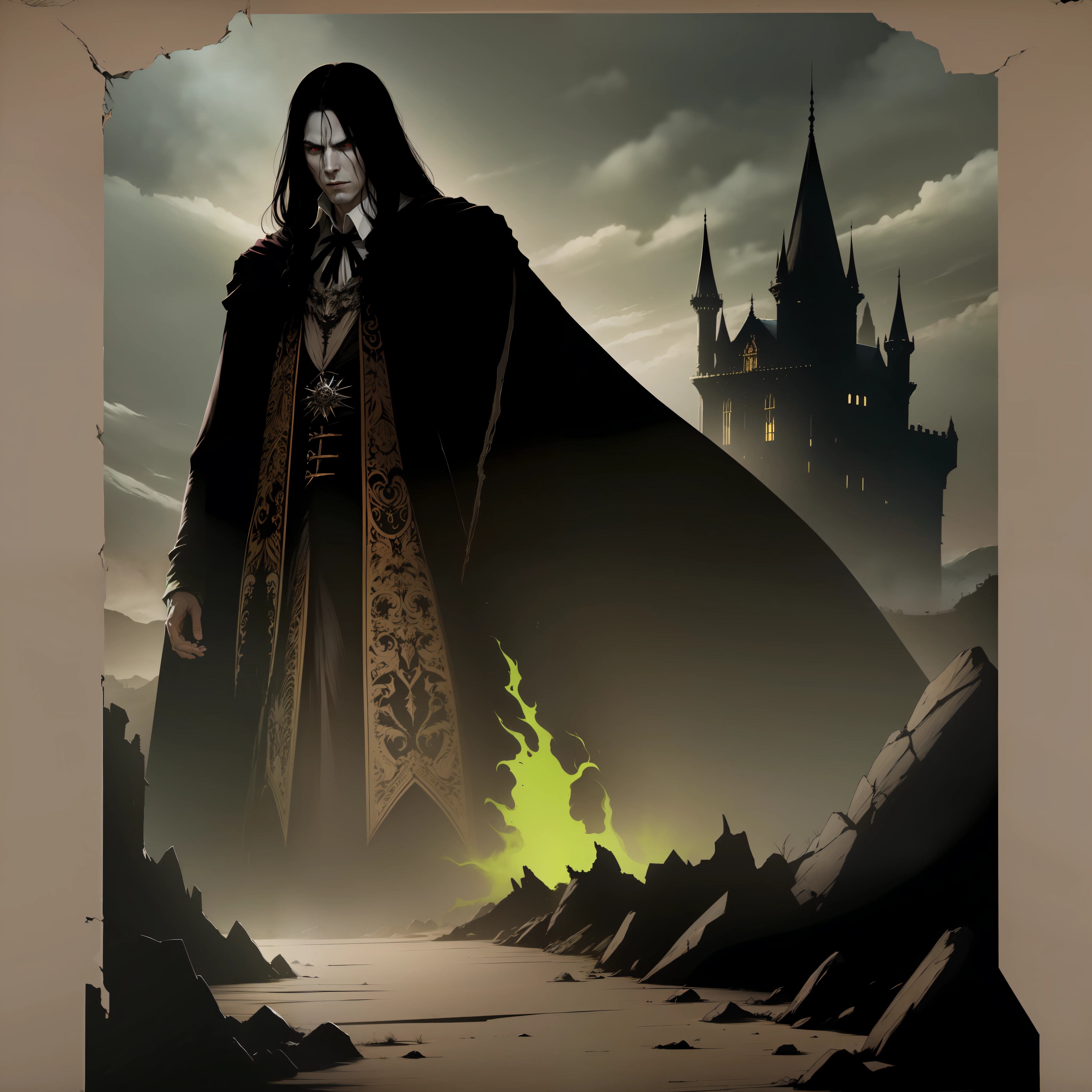 A vampire man with white skin and long black hair in a black cloak stands on scorched earth in front of a castle from which a green glow emanates