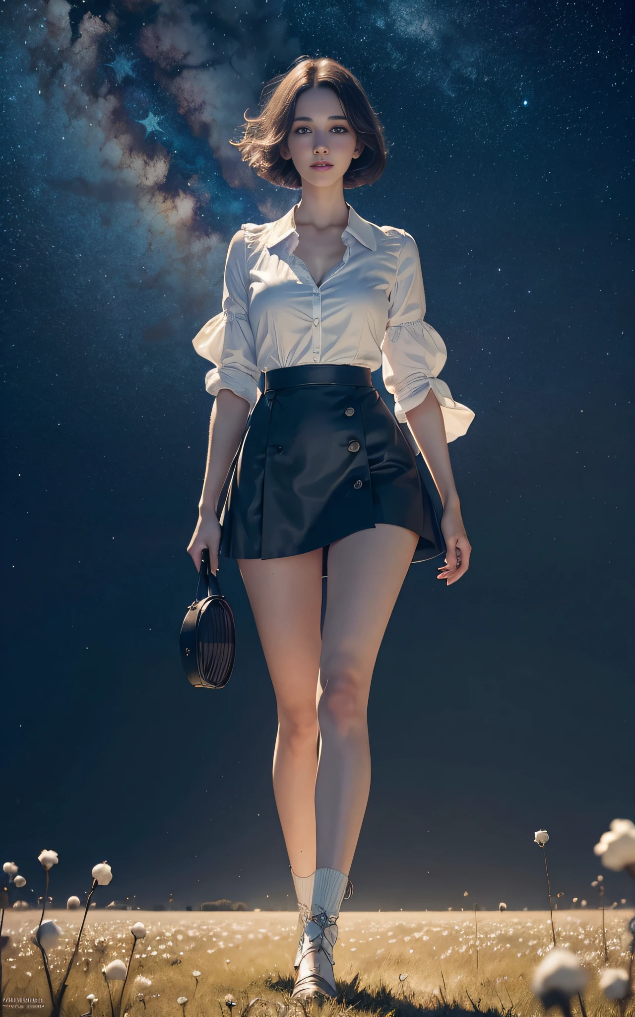 A woman in a short skirt of pure cotton fabric, chest, mysterious smile, walking in the field at night, lots of stars in the sky, showing thighs, 3D magical details, James Jean soft light, 4K, Yuri Schvedov and Tom Bagshaw, beautiful digital artwork, Sylvain Sarrell and Igor Mosky, full body photo