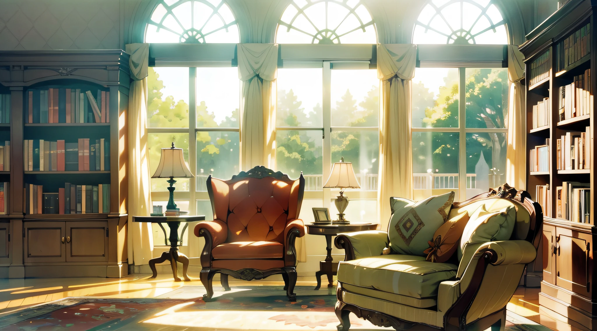 Library, Elegant, towering bookshelves, plush armchairs, Soft lighting, large windows, empty, dappled lighting, morning sunlight, Wallpaper, highly detailed, anime landscape