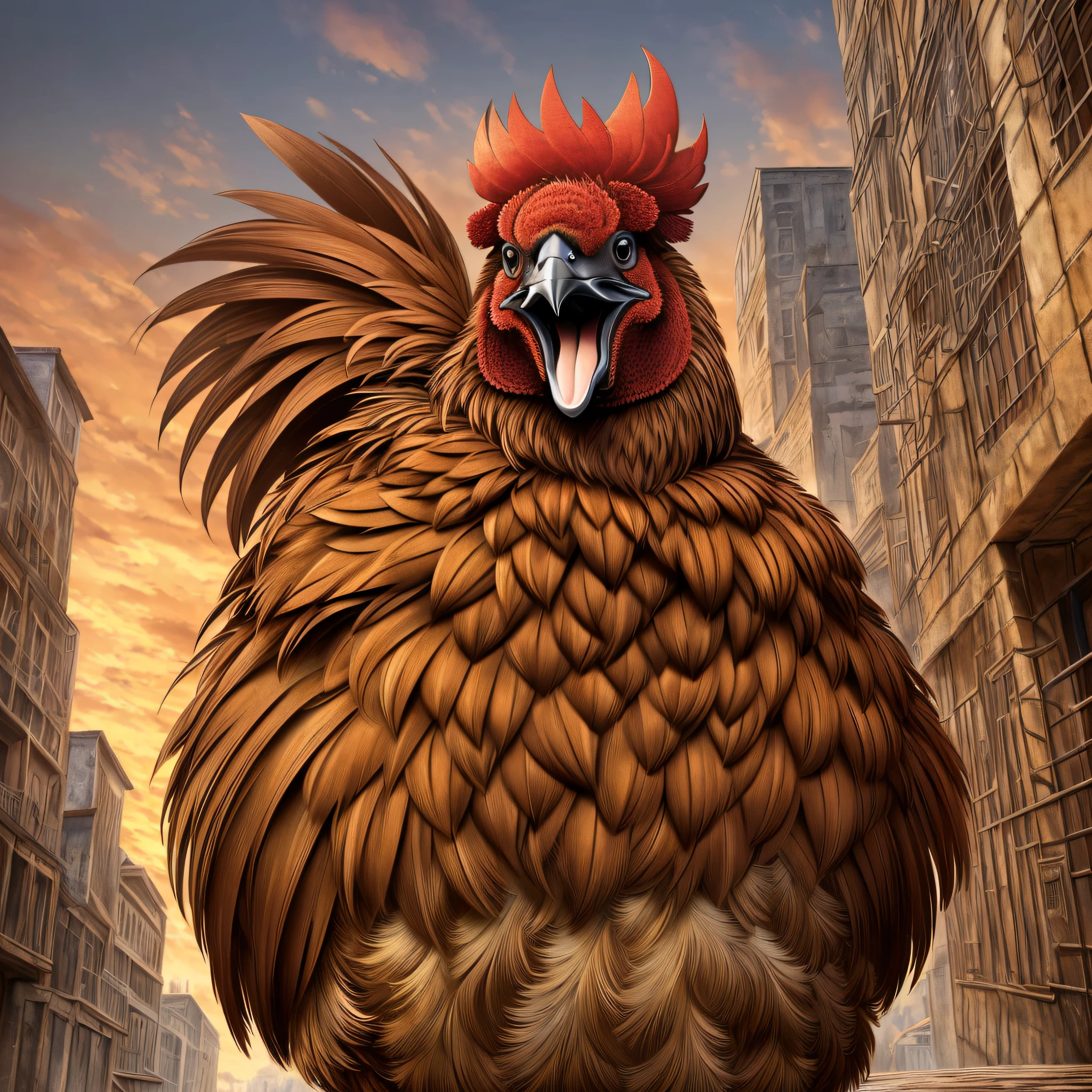 ((best quality)), ((ultradetailed)), ((masterpiece)), illustration, theme: animal, animal: brown evil rooster, build: very fat wearing: shiftless, expression: fierce, smiling, evil, viewpoint: third person, closeup, looking to front, background: dark and gritty atmosphere, resolution: 4K --auto --s2