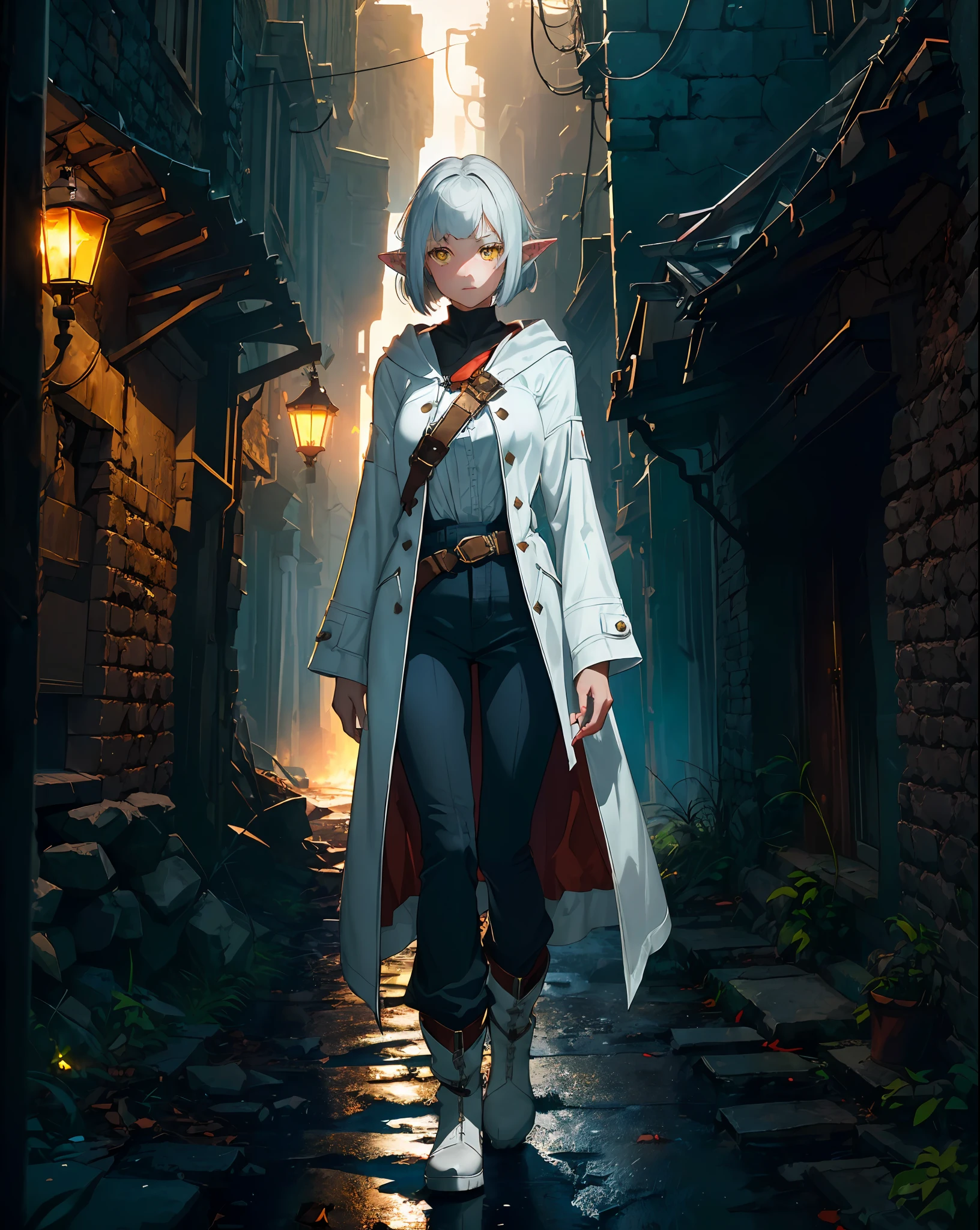 (1girl, solo, full height:1.5) award-winning photography, girl (elven ears, young, sweet face: 1.1), thin, fragile, straight hair, disheveled hair, (white coat with red accents, killer-style coat, fantasy (pants), boots), adventurer's clothes, glowing eyes, (gray hair: 1.2), (bob haircut), (yellow eyes), (using dark magic: 1.2), posing in a dark city ruins, (rim lighting, :1.4) Two-color lighting, sharp focus, octane, unreal, dimly lit, restrained,