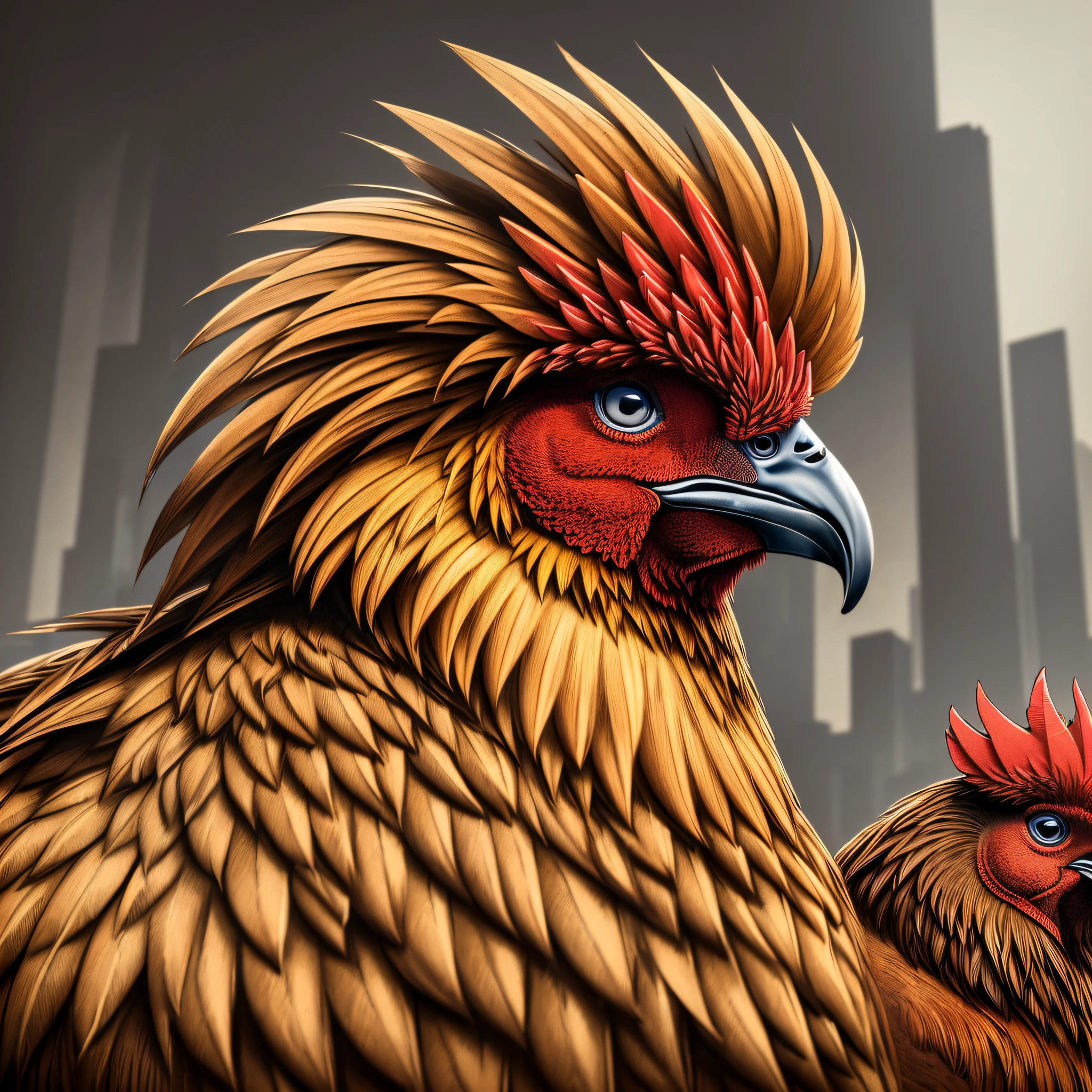 ((best quality)), ((ultradetailed)), ((masterpiece)), illustration, theme: animal, animal: brown evil rooster, build: very fat wearing: shiftless, expression: fierce, smiling, evil, viewpoint: third person, closeup, looking to front, background: dark and gritty atmosphere, resolution: 4K --auto --s2