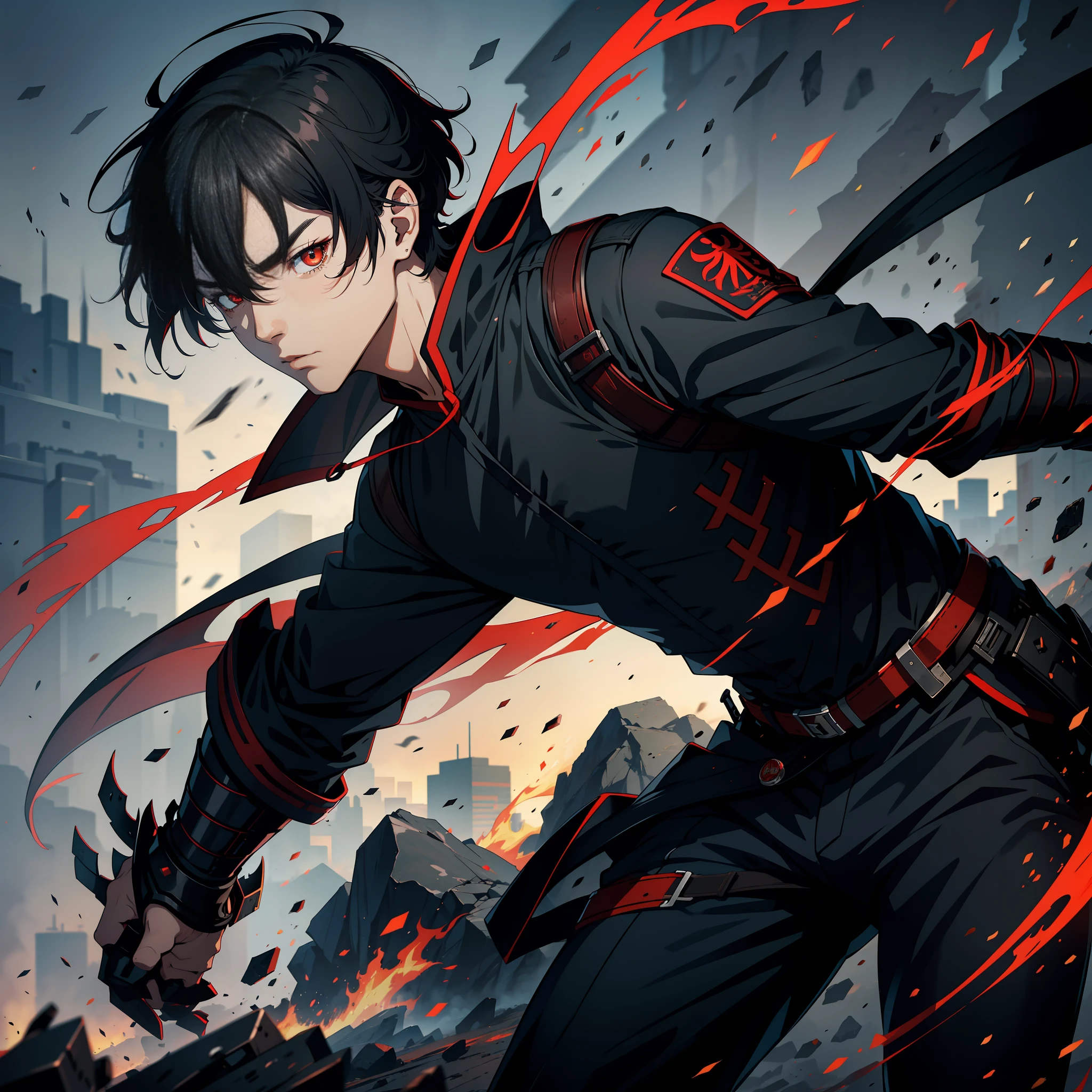 A man in his 20s, on the battlefield, red eyes, short black hair, qiyuxuanang, 8k, high quality, high resolution