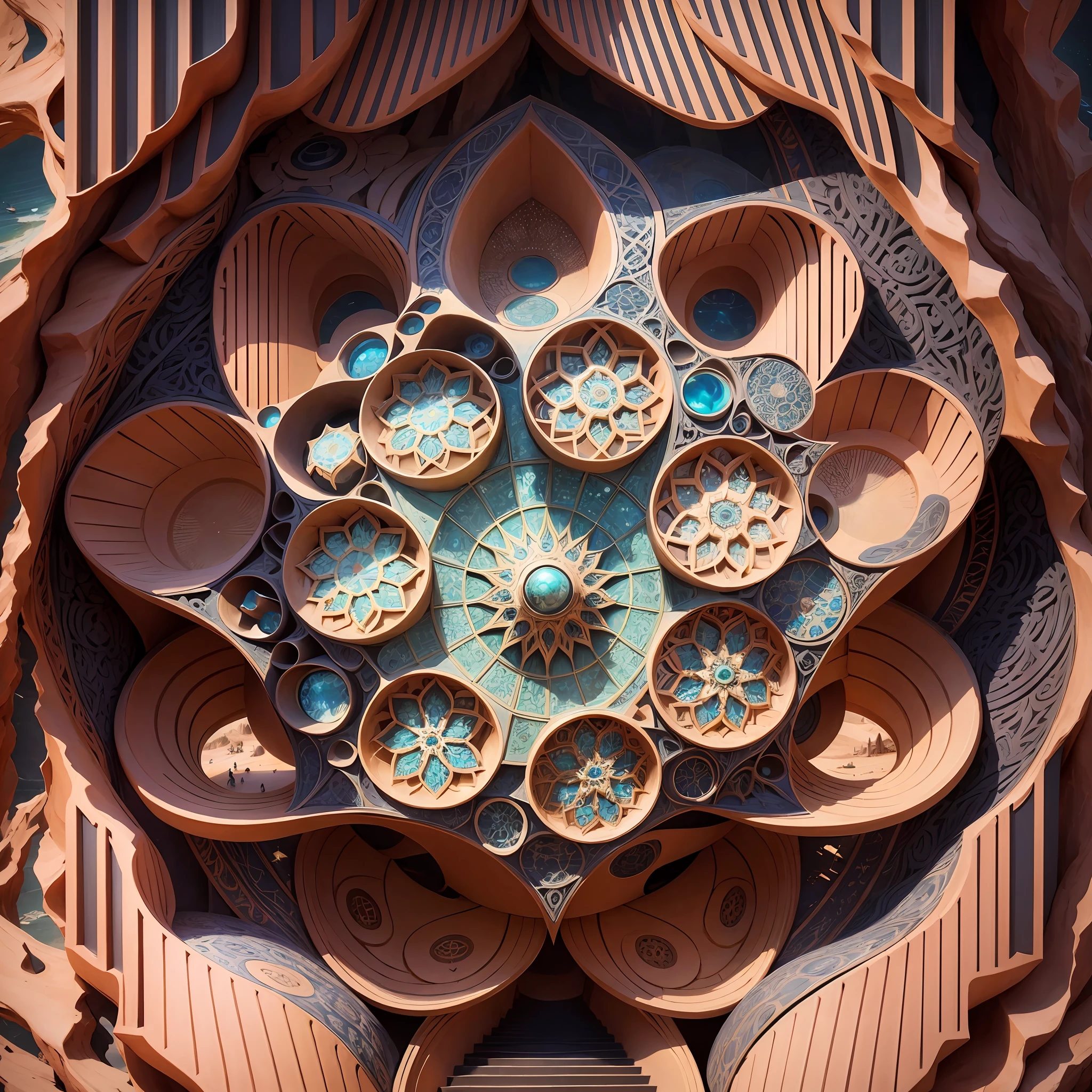 Futuristic Islamic architecture design of cave architecture concept art on desert oasis, islamic architecture, proportional,detailed, cave architecture nature meets futuristic architecture by Toyo Ito ,residential area, futuristic development, high rise balconies, full of rock and glass facades, residential spaces carved from cliff side ,trending on artstation, beautiful lighting,In the style of Arabic calligraphy masterpiece, fantasy, intricate, award winning, 4k, highest quality render --auto --s2