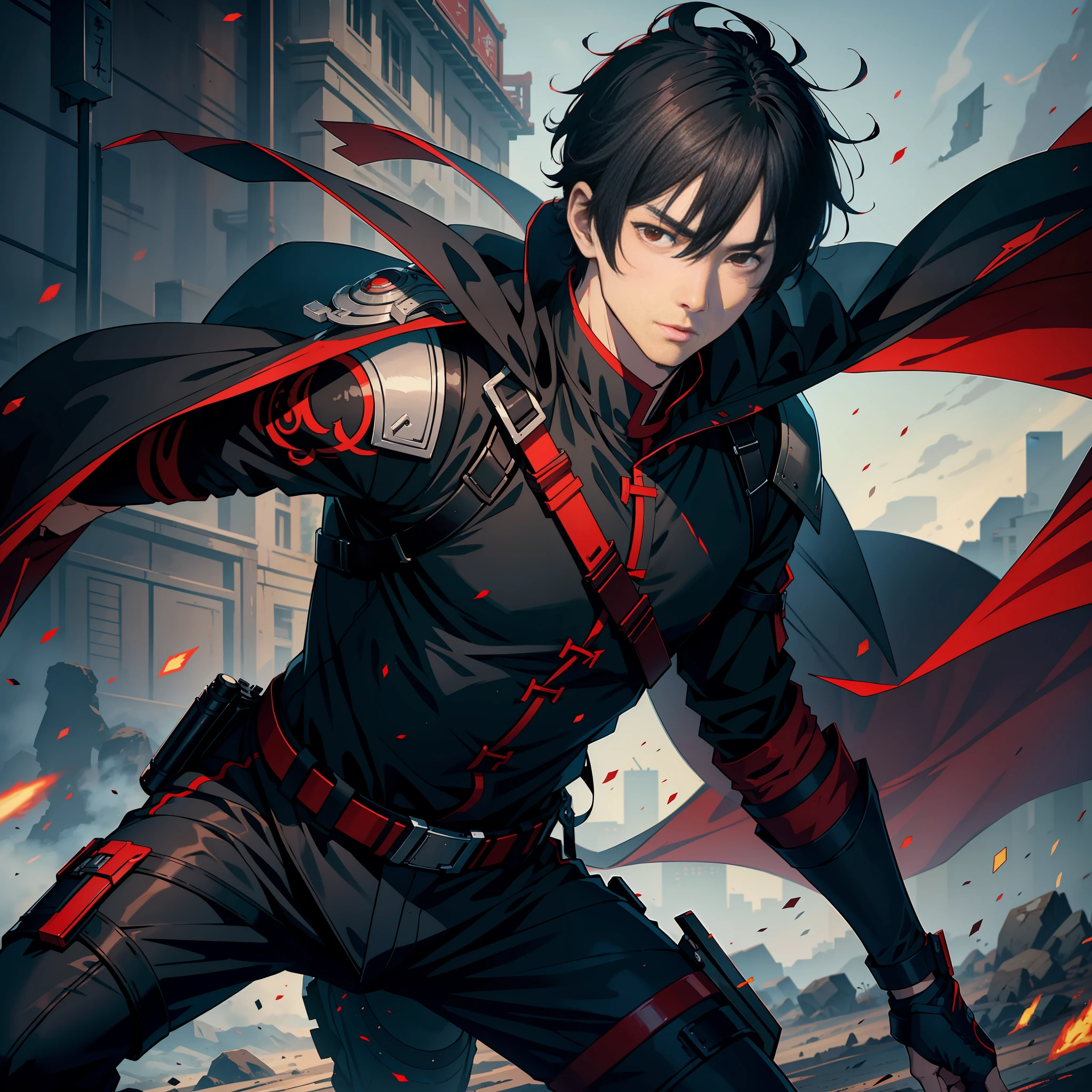 A man in his 20s, on the battlefield, red eyes, short black hair, qiyuxuanang, 8k, high quality, high resolution