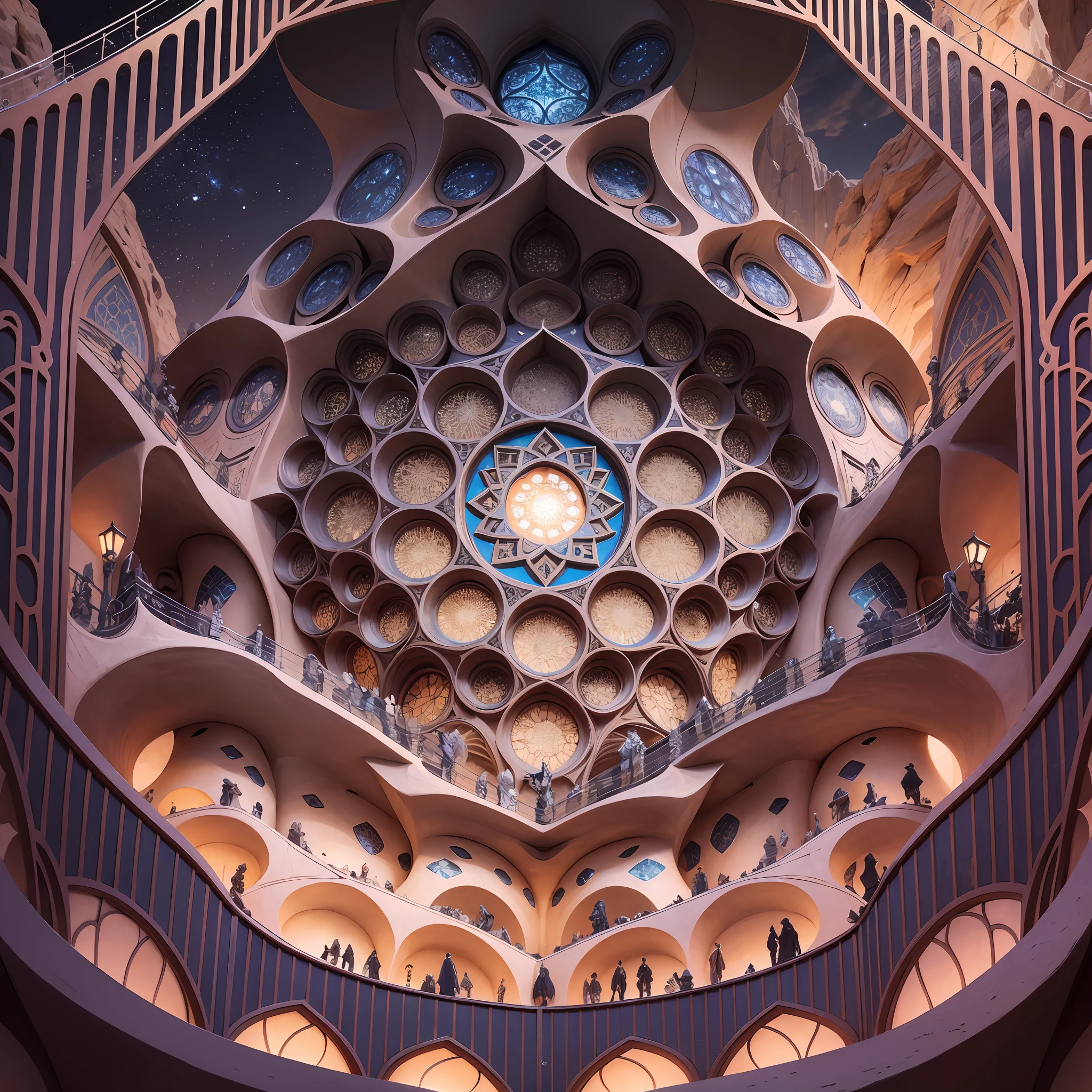 Futuristic Islamic architecture design of cave architecture concept art on desert oasis, islamic architecture, proportional,detailed, cave architecture nature meets futuristic architecture by Toyo Ito ,residential area, futuristic development, high rise balconies, full of rock and glass facades, residential spaces carved from cliff side ,trending on artstation, beautiful lighting,In the style of Arabic calligraphy masterpiece, fantasy, intricate, award winning, 4k, highest quality render --auto --s2