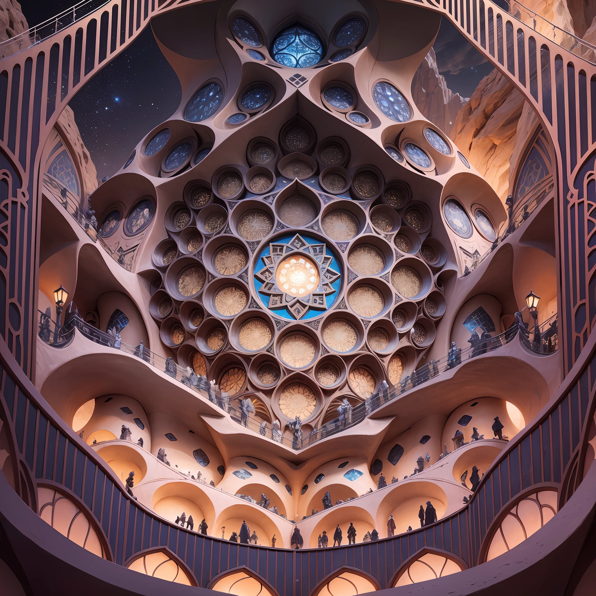 Futuristic Islamic architecture design of cave architecture concept art on desert oasis, islamic architecture, proportional,detailed, cave architecture nature meets futuristic architecture by Toyo Ito ,residential area, futuristic development, high rise balconies, full of rock and glass facades, residential spaces carved from cliff side ,trending on artstation, beautiful lighting,In the style of Arabic calligraphy masterpiece, fantasy, intricate, award winning, 4k, highest quality render --auto --s2