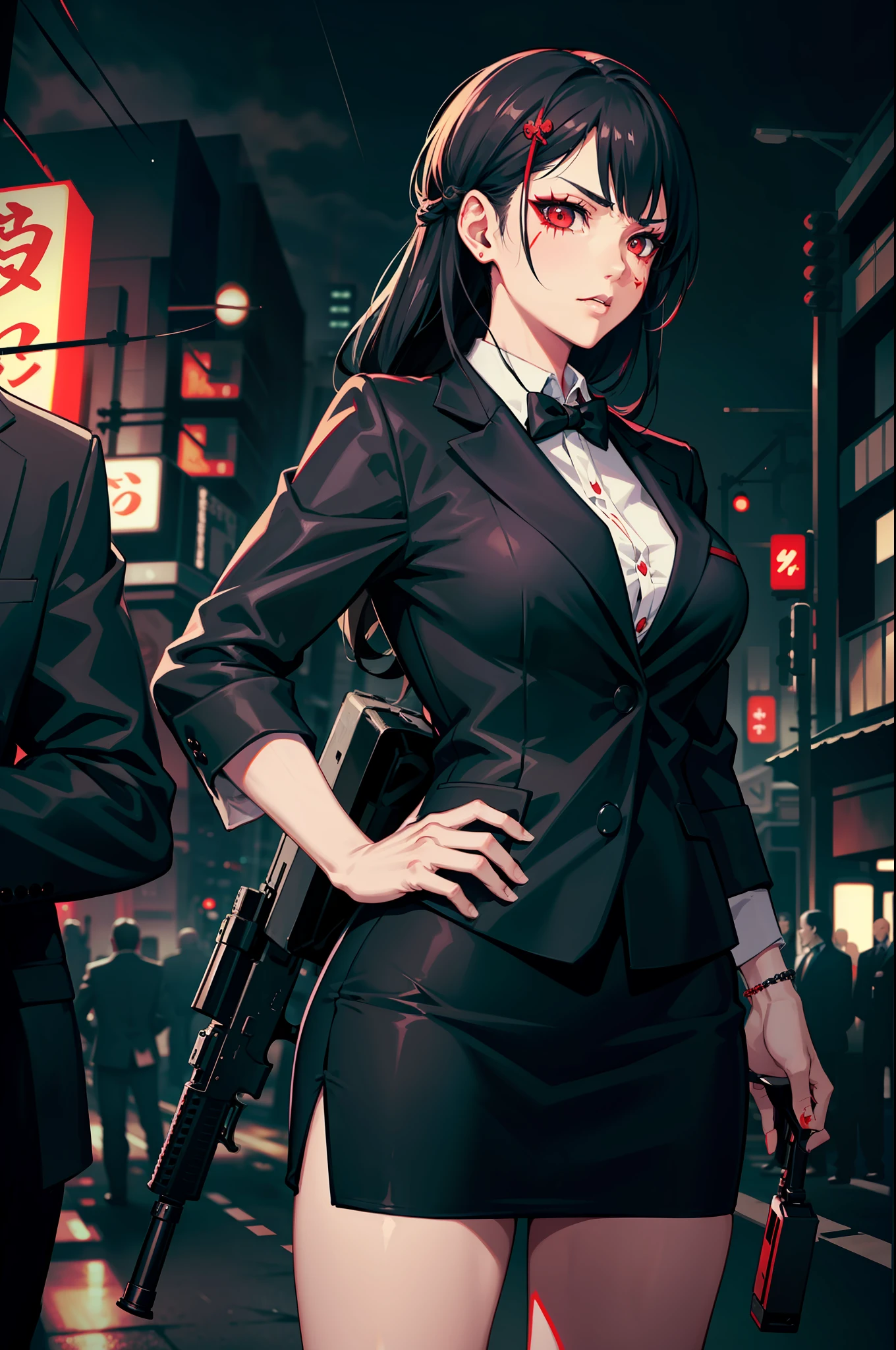 japanese yakuza mobster girl with a dark gray suit, miniskirt, pencil skirt, red eyes, uses assault rifle, facial scar, stylish, hdr, intricate details, hyperdetailed, cinematic, rim light, danger atmosphere, noir, night, cyberpunk lighting, tokyo street, rain