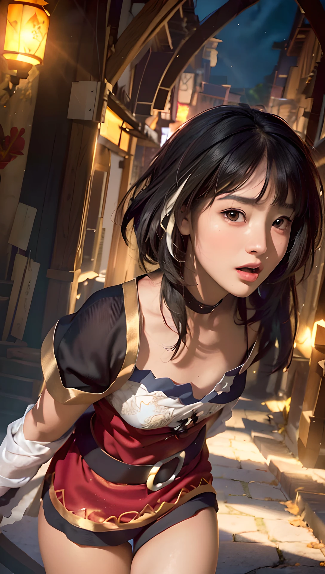 Best Quality, Masterpiece, Ultra High Resolution, (Photorealistic: 1.4), 8K Raw Photo, (Fractal Art: 1.4), Dramatic Lighting, Dynamic Lighting, Professional Lighting, Cinematic Lighting, Highly Detailed, Official Artwork, Flawless, Sharp Focus, depth of field, exquisite details and textures, delicate and beautiful, lens flare, absurd, ray tracing, immersive atmosphere, (knee-length shot: 1.3) 1girl, an attractive young woman, woman, sexy and attractive, supermodel, goddess aura, realistic hair, detailed hair, hair blowing, seductive expression, full of stimulation expression, moan, shy, look at viewer, happy, glowing skin, finely detailed skin, clavicle, ( pert natural breasts : 1.2), (small breasts: 1.2), perfect round ass, (beautiful and aesthetic: 1.2), slim waist, beautiful detailed thigh, (perfect female figure), (symmetrical body shape), long legs, (((Megumin, cowboy shot))), (dynamic angle: 1.2), (third_composition rule: 1.2), (detailed face: 1.2) ), (detailed eyes: 1.2), (detailed background), (realistic:1.2), (realism), (masterpiece:1.2), (ultra detailed), (best quality), intricate, cinematic lighting, cinematic comprehensive, portrait photography, magic photography,