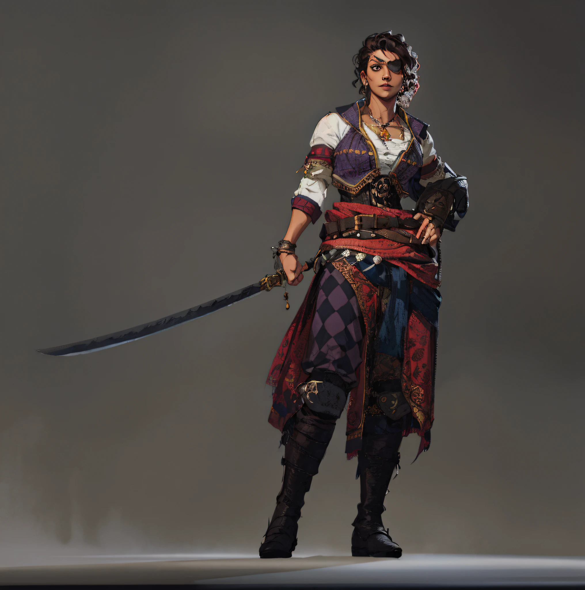 woman in gypsy clothes, dark skinned, curly hair, with an eye patch on her left eye and a saber, Female Character, Amazing 8K Character Concept Art, Female Pirate Captain, Mirabel Madrigal Rendering, Detailed Character Art, Pirate Swashbuckler Class, Awesome Character Art, Conceptual Character Pose, Full Character Portrait, Official Character Art, Complete Character Concept Art, Female Assassin
