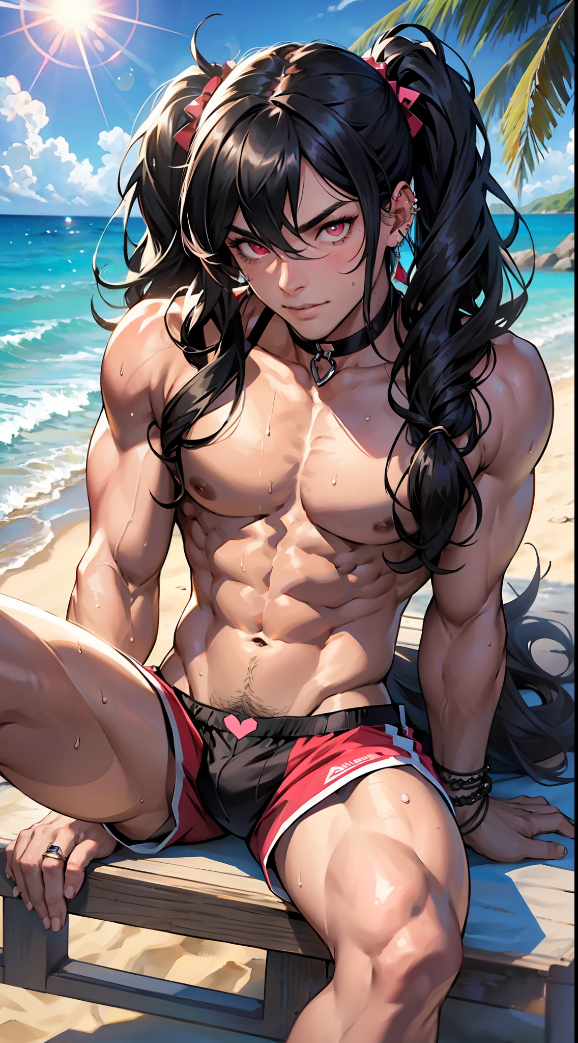 animated, overlook view, sweat, ((muscular)), ((1 male)), mature,30 years old, very long hair, curly hair, bangs, twintails, black hair, {;p}, {heart-shaped_pupils}, fingernails, navel, red eyes, bright skin, piercing, choker, ring, bikini, short_shorts, sandals, pink Clothes, beach, noon, lens flare, {{{ultra detailed}}}, (bulge), (((straddling)))