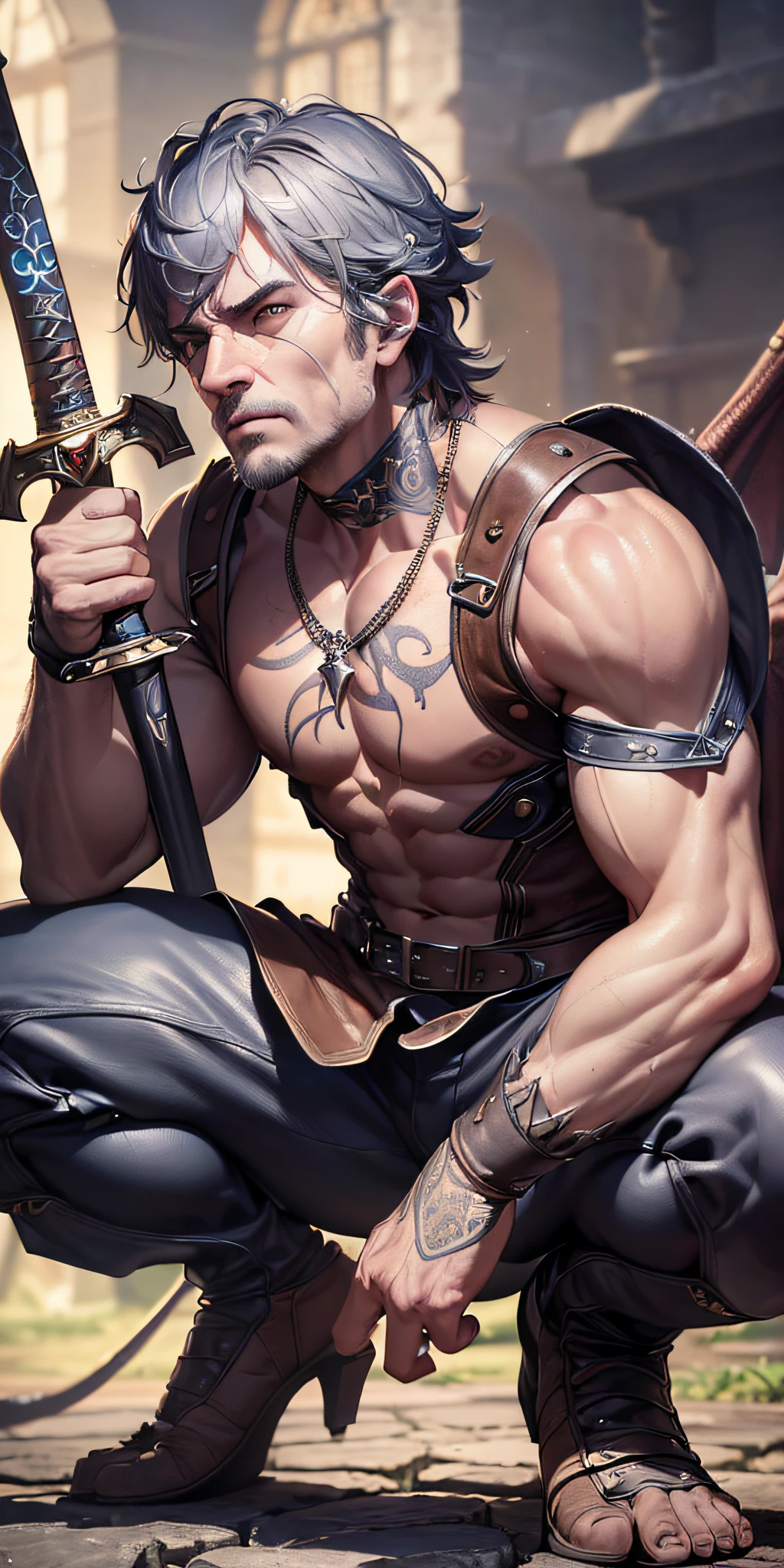 ((((A very manly man squatting holding in his hand the sword, gesture of tiredness with a dragon at his side))), adorned with mystical symbols of bright neon colors, realistic textures, ultra detailed artistic photography, sharp focus, (((masterpiece, masterful, blurred medieval background))), 8k resolution, full body, (backlight: 1.4), realistic face, production cinematics, character rendering, ultra high quality model, natural lighting, symmetrical eyes, realistic textures, ultra detailed art photography, sharp focus, (((masterpiece, masterful))), 8K resolution, full body, (backlight: 1.4), production cinematics, character rendering, ultra high quality model, natural lighting, symmetrical eyes, (ultra high resolution: 1.2), (hyper-realistic: 1.4), (photorealistic: 1.2), unreal engine 5, GoPro Max 360 wide-angle lens.