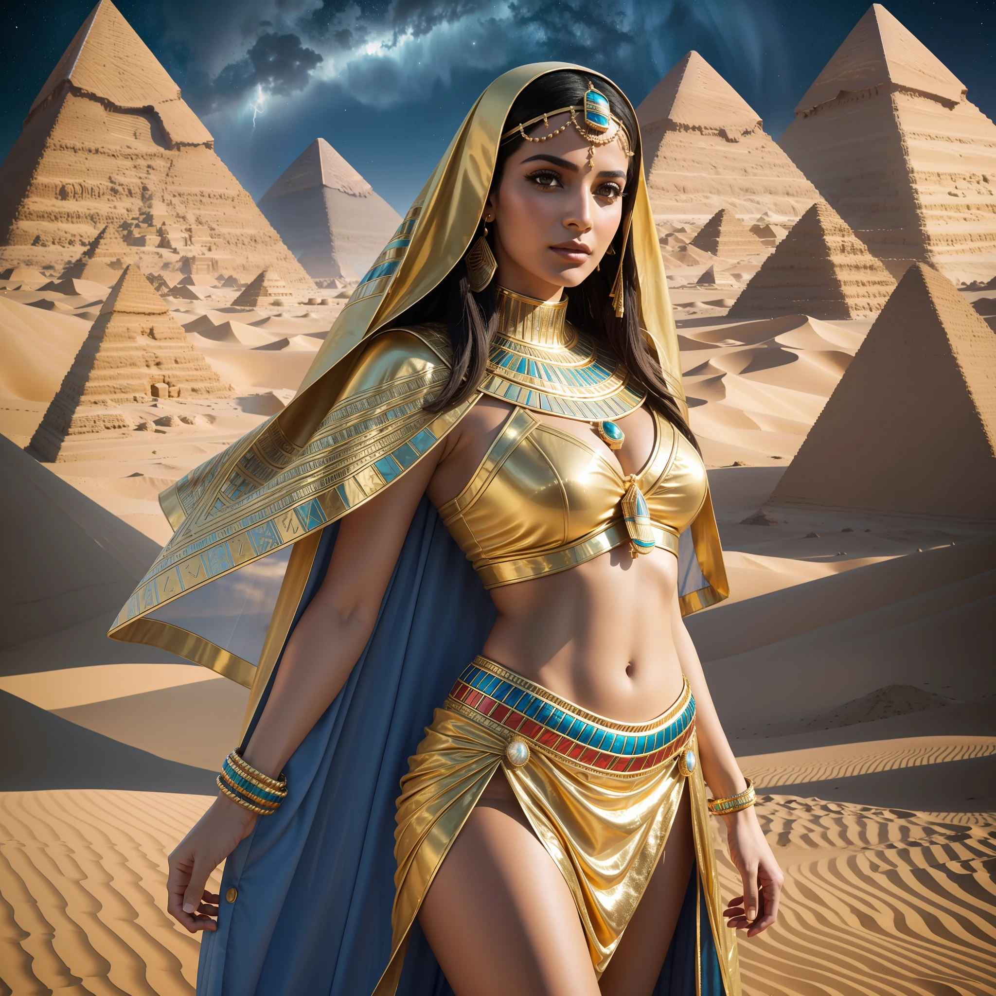 RAW Photo of 30yo Egyptian woman, perfect face, perfect body , Egypt desert, solar lightning,Traditional egypt Outfit hard light, gold jewelry, cloth fabric aesthetic robes, harsh details ,Eye catching photo, Pyramids background Masterpiece picture,nikon d850 film stock photograph 4 kodak portra 400 camera f1.6 lens rich colors hyper realistic lifelike texture dramatic lighting unreal engine trending on artstation cinestill 800,8k,cinematic,cinematic shot, Galaxy sky