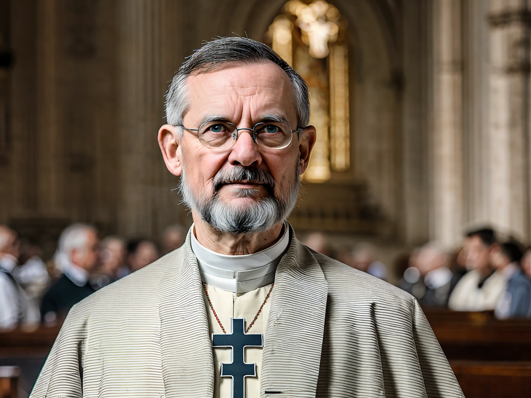 19th Century Portrait of a Priest Conducting Mass, Church in the Background, 55mm Canon lens, volumetric lighting, ultra realistic, realistic shadows, realistic lighting, Full HD, 8K, --auto --s2