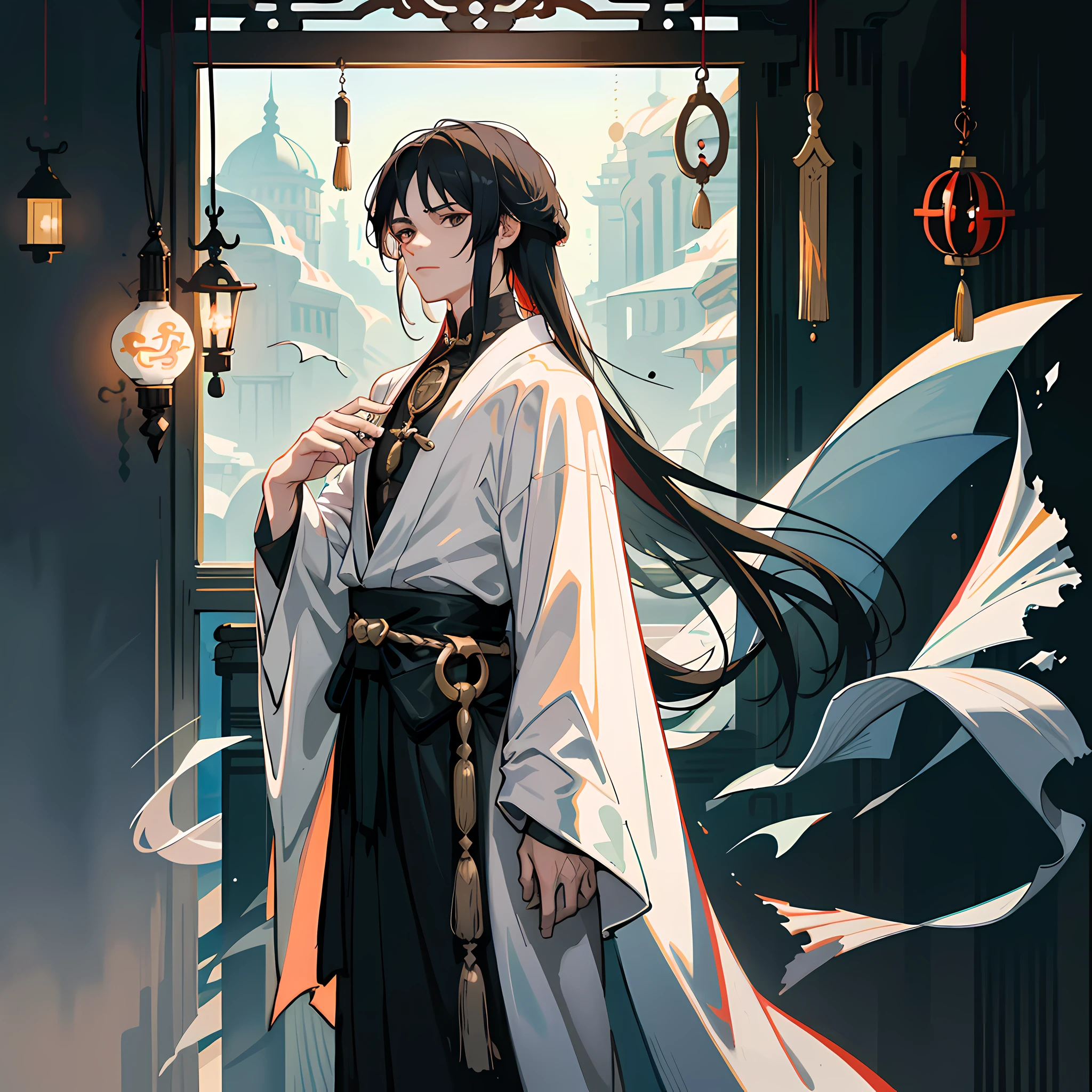 A handsome young man with long black hair and a shawl, wearing an ancient Chinese white robe, black eyes full of sorrow, helplessly and frustrated in the scene of the severance of the fairy road, the picture presents mystery, loss and loneliness. The indoor environment is depressing, and I look out the window with my hands on my handle