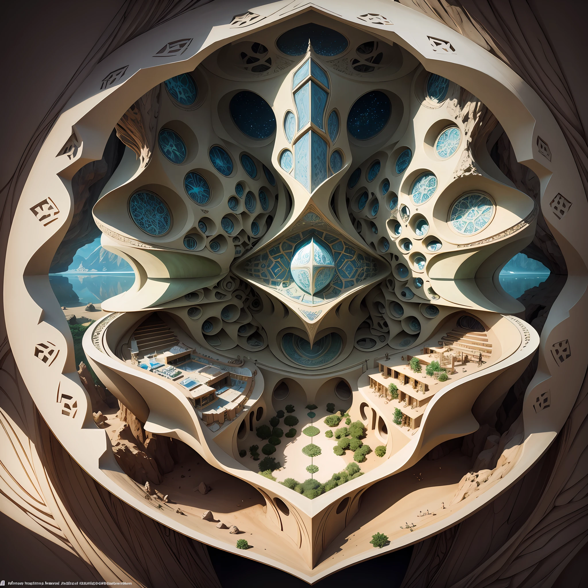 Futuristic Islamic architecture design of cave architecture concept art on desert oasis, islamic architecture, proportional,detailed, cave architecture nature meets futuristic architecture by Toyo Ito ,residential area, futuristic development, high rise balconies, full of rock and glass facades, residential spaces carved from cliff side ,trending on artstation, beautiful lighting,In the style of Arabic calligraphy masterpiece, fantasy, intricate, award winning, 4k, highest quality render --auto --s2