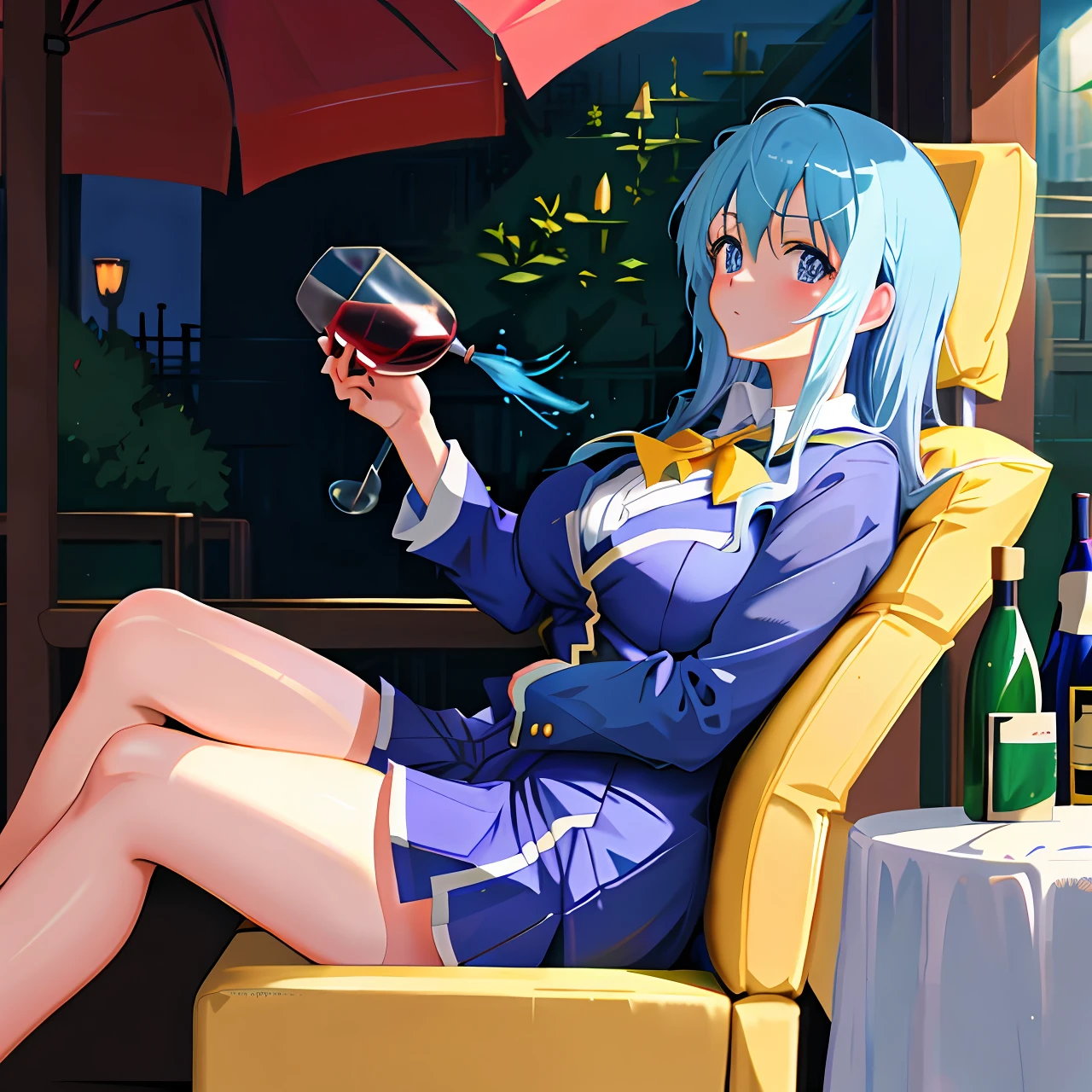 Anime konosuba, blue-haired girl, suit, drinking wine