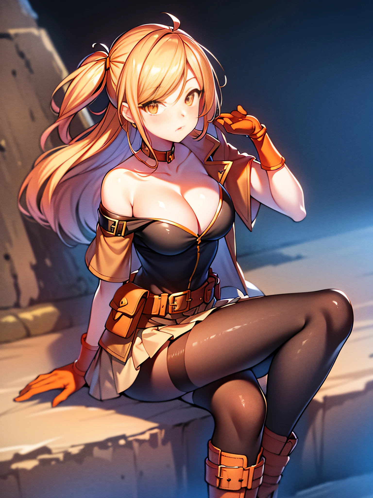 orange eyes light,richly faded light orange hair, anime 1girl, no skirt, brown military boots, pouch on the waist belt, khaki bikini, "black tights", "dark_orange knee pad on right leg",( night city:1.4), black long cloak, (good hand:1.5 ) good legs, (Good face: 1.5), 1girl, best hand, no worst hand. without clothes, in big city