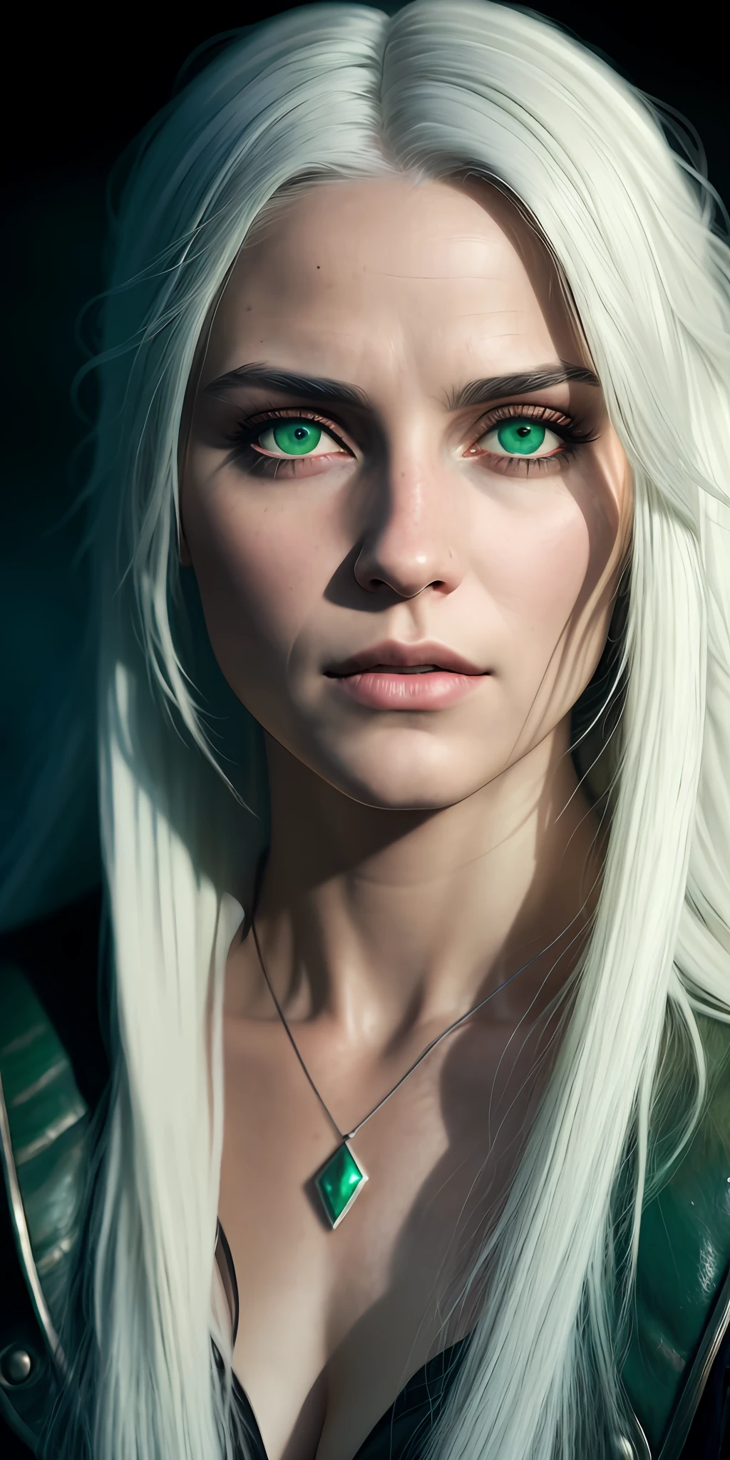 ciri the witcher, (((green eyes, long white hair))), photorealistic, photo, masterpiece, realistic, realism, photorealism, high contrast, photorealistic digital art trending on Artstation 8k HD high definition detailed realistic, detailed, skin texture, hyper detailed, realistic skin texture, armature, best quality, ultra high res, (photorealistic:1.4),, high resolution, detailed, raw photo, sharp re, by lee jeffries nikon d850 film stock photograph 4 kodak portra 400 camera f1.6 lens rich colors hyper realistic lifelike texture dramatic lighting unrealengine trending on artstation cinestill 800,