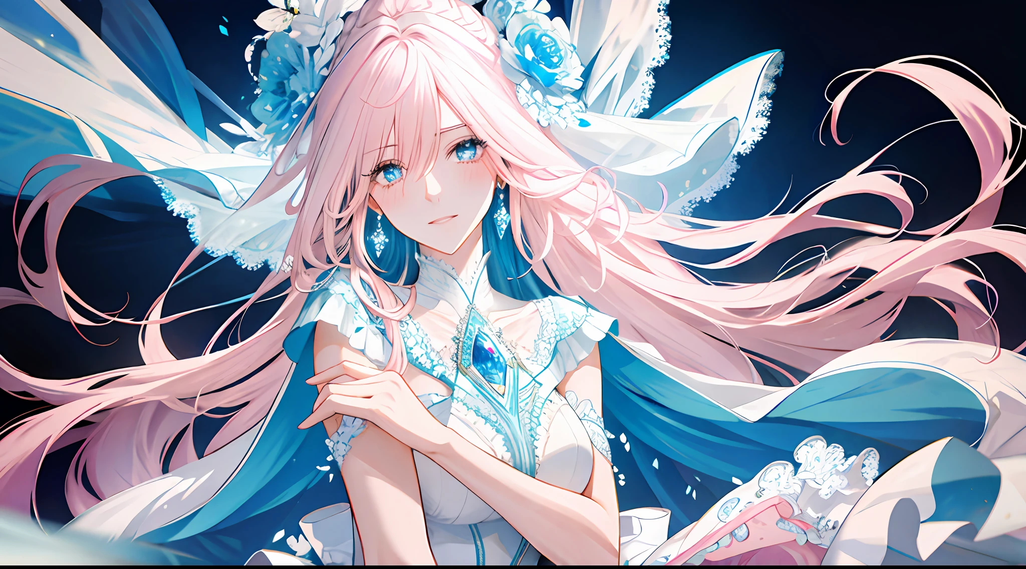 High resolution, super detailed, panorama, 1 woman, extremely beautiful, (light pink long hair), (white and blue skirt), exquisite dress, noble and elegant, blush, gentle, extreme details