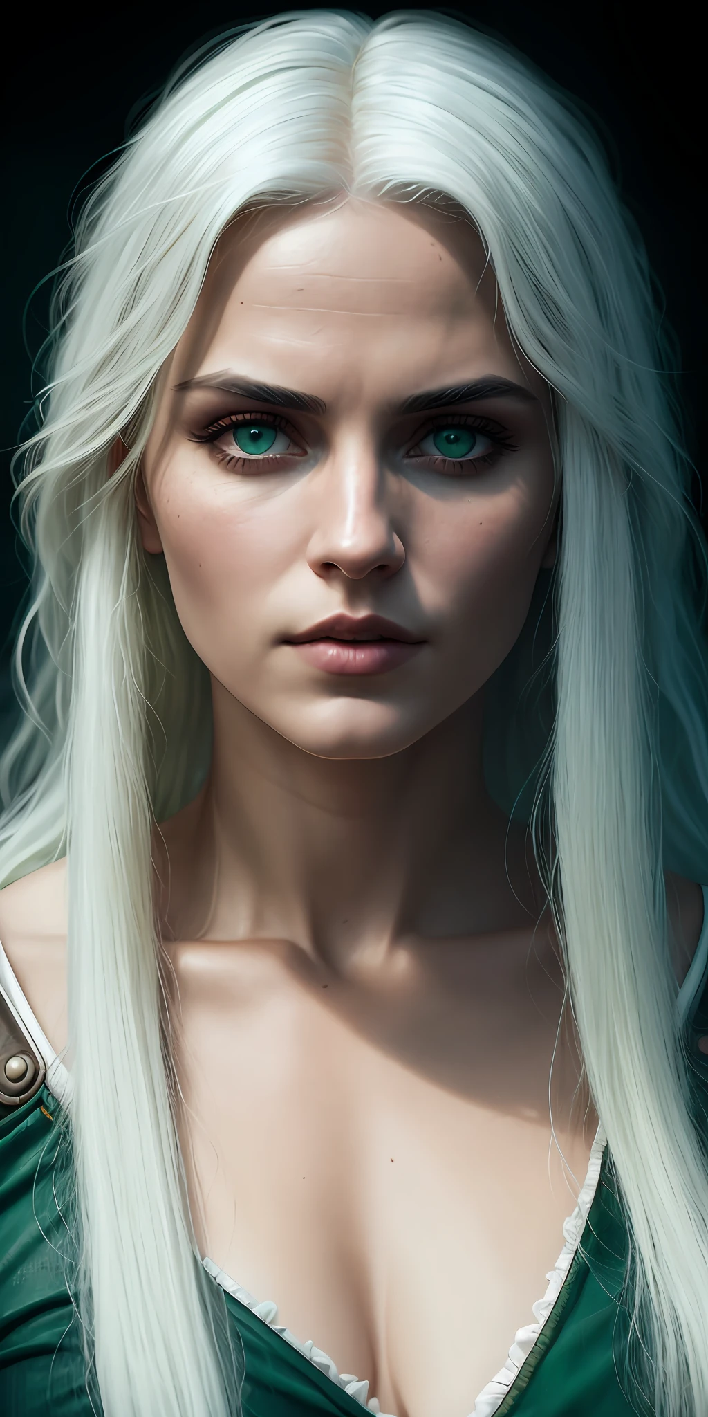 ciri the witcher, (((green eyes, long white hair))), photorealistic, photo, masterpiece, realistic, realism, photorealism, high contrast, photorealistic digital art trending on Artstation 8k HD high definition detailed realistic, detailed, skin texture, hyper detailed, realistic skin texture, armature, best quality, ultra high res, (photorealistic:1.4),, high resolution, detailed, raw photo, sharp re, by lee jeffries nikon d850 film stock photograph 4 kodak portra 400 camera f1.6 lens rich colors hyper realistic lifelike texture dramatic lighting unrealengine trending on artstation cinestill 800,