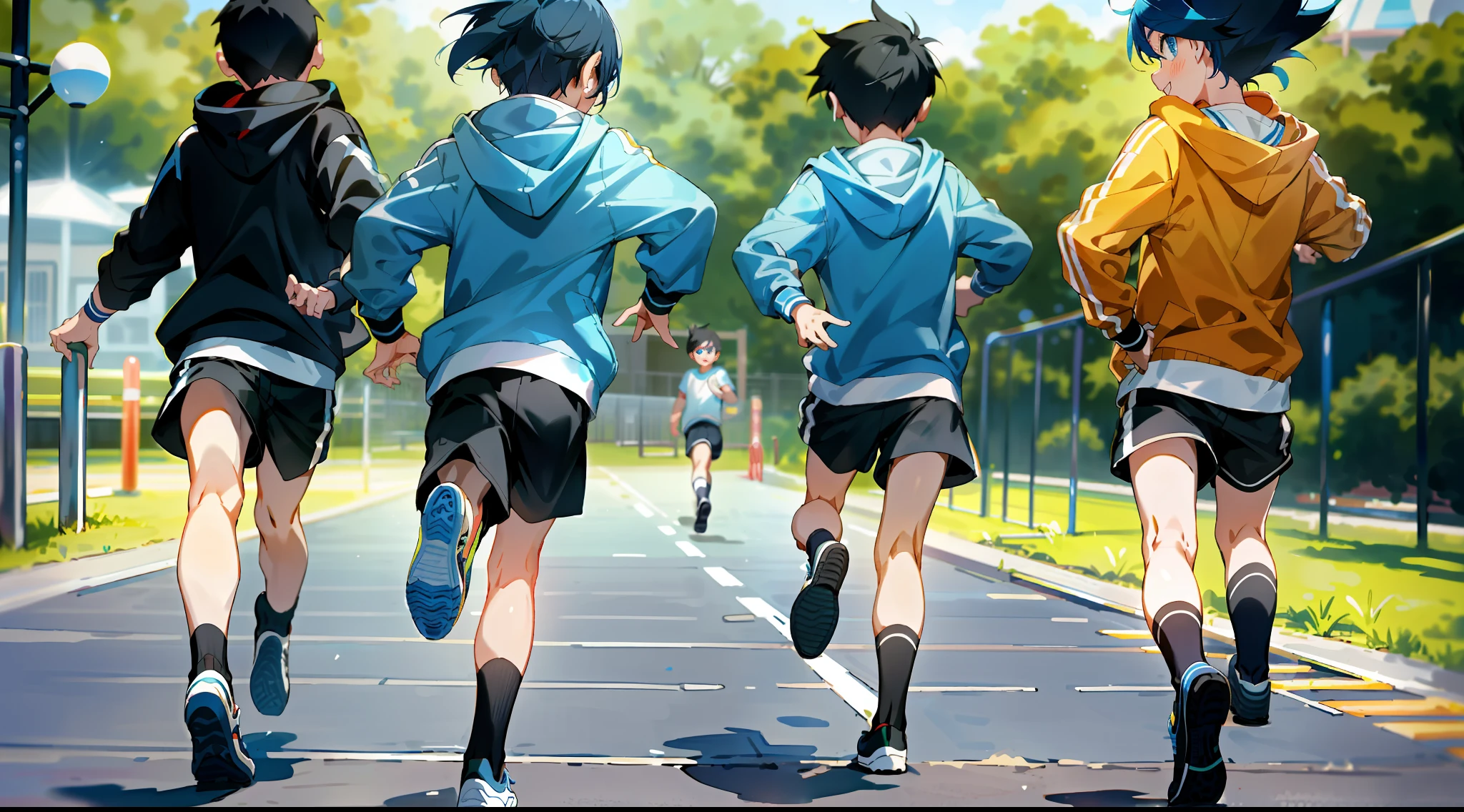 HD picture, children's youthful style, animated face appearance, strong and vibrant blue eyes, playground background with other children in the background, several boys with different hairstyles, wearing slim hoodies and knee socks, shorts, happy micro back, black shoes, depth of field, running sprint, hands in clothes pockets.