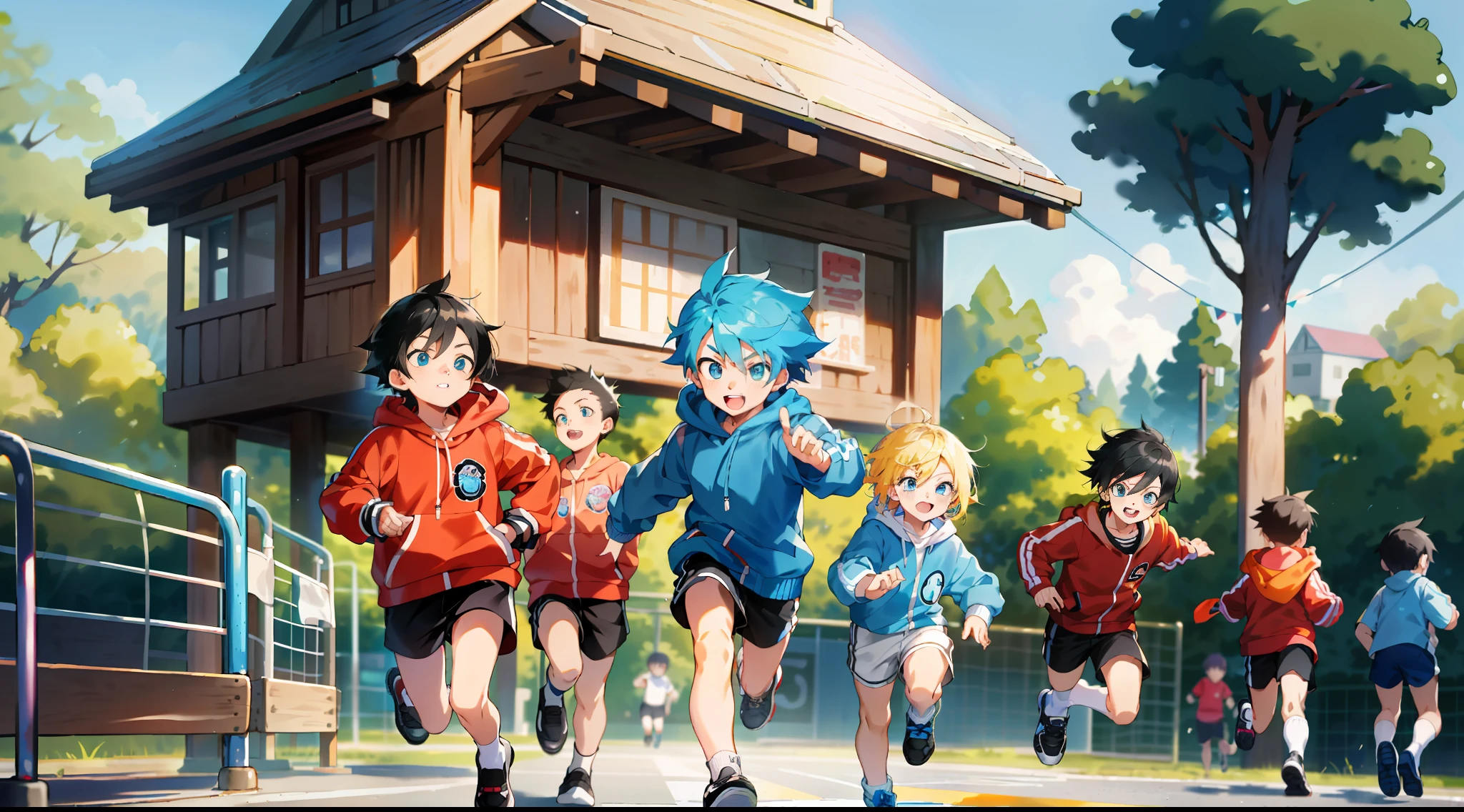HD picture, children's youthful style, animated face appearance, strong and vibrant blue eyes, playground background with other children in the background, several boys with different hairstyles, wearing slim hoodies and knee socks, shorts, happy micro back, black shoes, depth of field, running sprint, hands in clothes pockets.