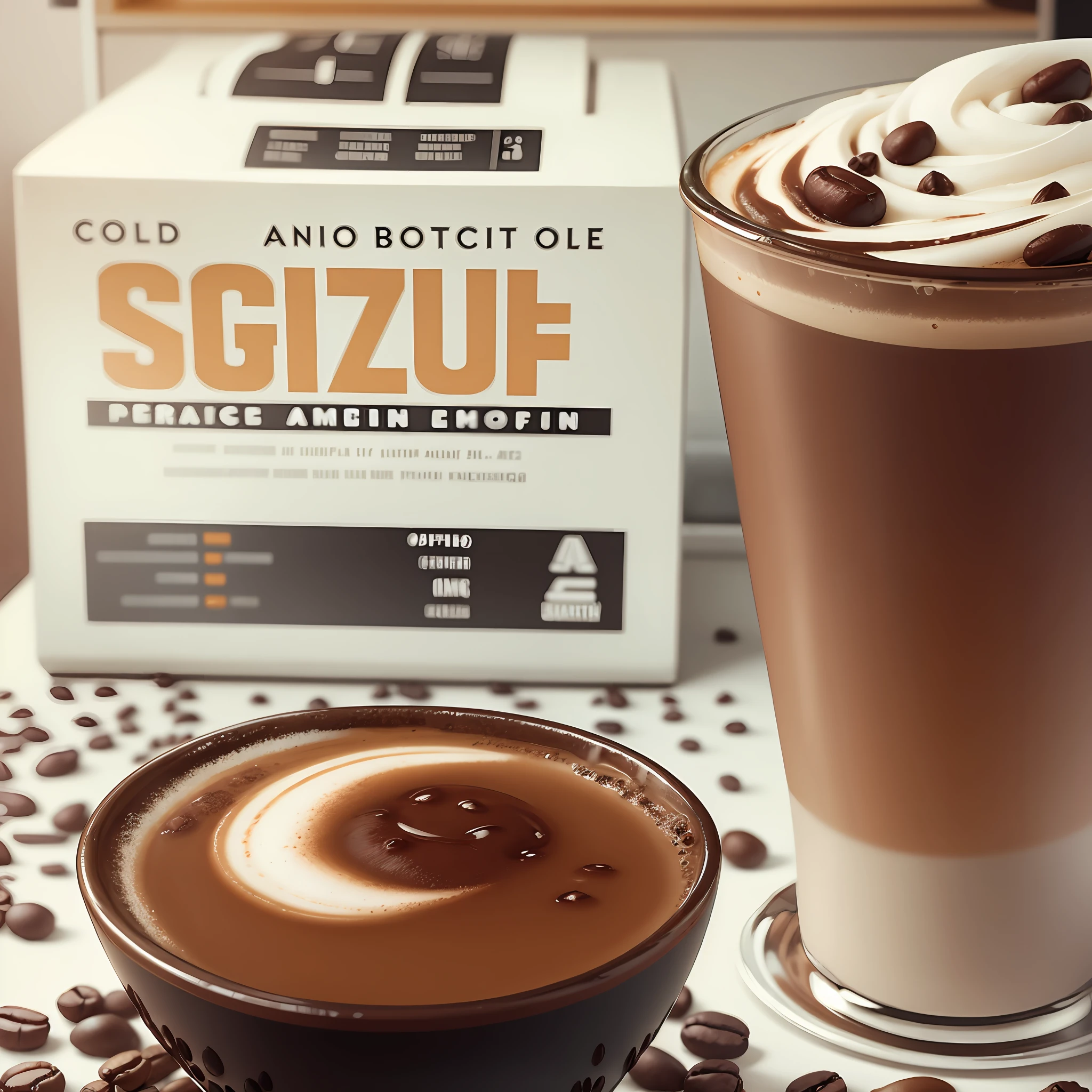 A cup of iced American and a little coffee beans on a promotional poster and coffee machine --auto --s2