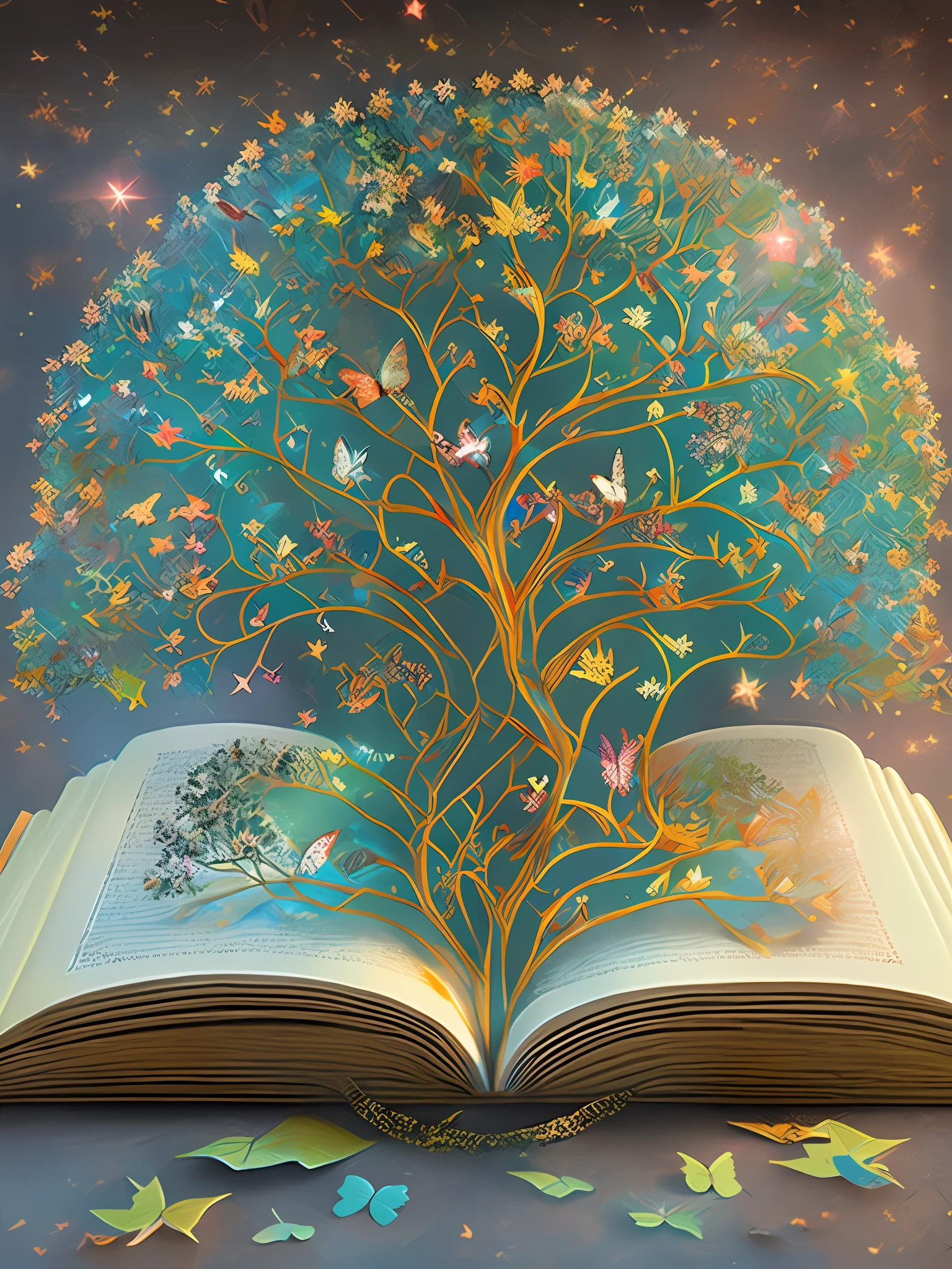 There is a book on the table, (there is a tree in the book: 2), magic tree, butterfly, flash, stars, shooting stars, magic book, magic tree, very magical and dreamy, magical and mysterious, fantasy book, fantasy tree, cosmic tree of life, magical ingredients, magical background, enchanting magical fantasy forest, wonderful and detailed, tree of life, magic notes, great magic tree