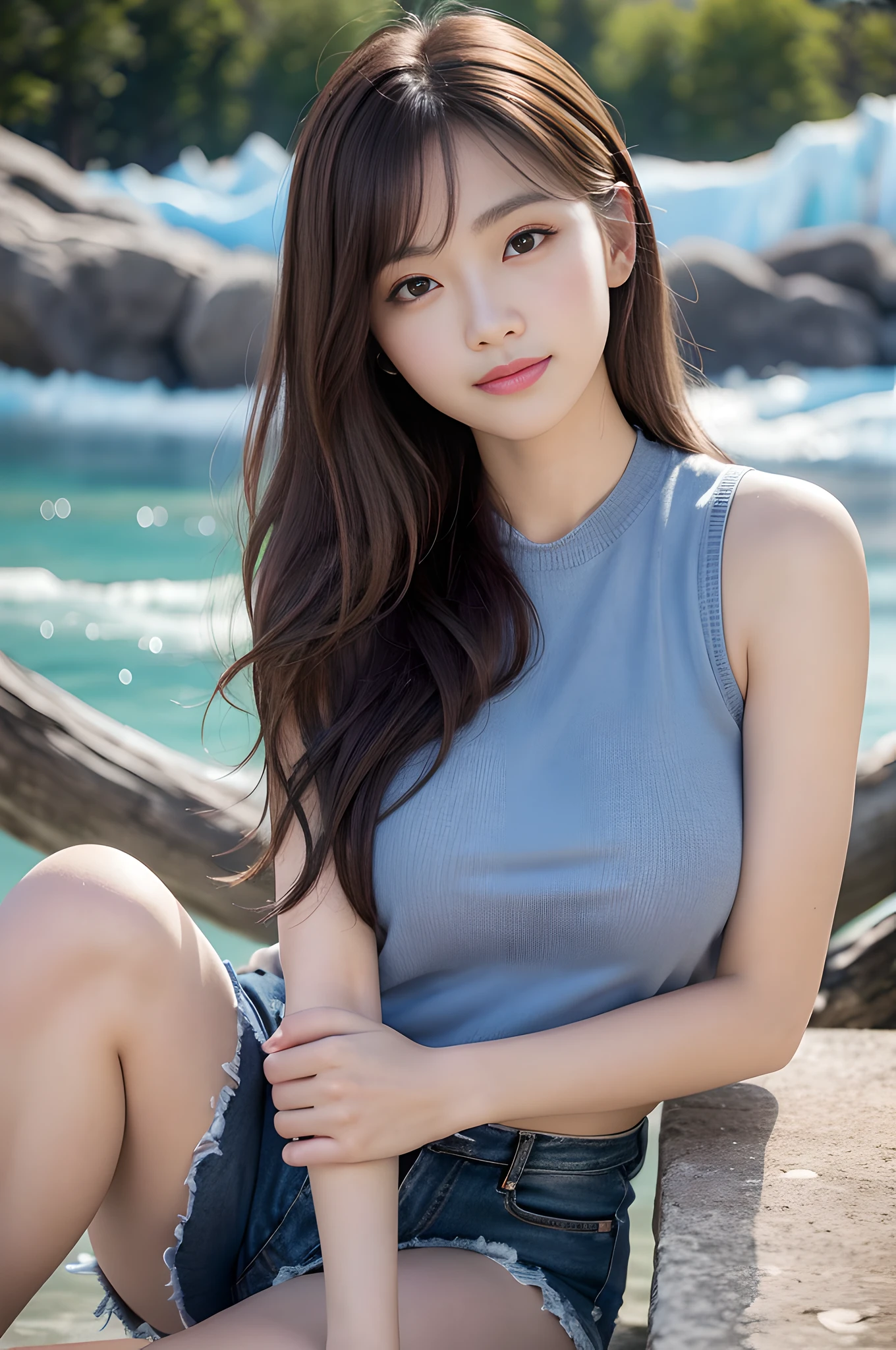 (Best Quality, Masterpiece: 1.2), (ultrarealistic: 1.3), (realistic:1.3)
(high resolution: 1.2), (beautiful skin: 1.2), (pale skin:1.3), (hyper-sharp focus: 1.5),
(ultra-detailed background, detailed background:1.3), bokeh, depth of field, 
BREAK

((one extremely cute and beautiful young woman)), light smiling girl portrait.,
When viewed from the front, the composition is symmetrical,
looking straight at you with serious eyes,
BREAK

chestnut wavy hair, dark brown eyes, back hair tied with a ribbon,
mahogany hair, single hair, bangs, slender, abs, (medium large breast;1.25), (narrow waist:1.15), 
burgundy turtle sleeveless knit:1.25, damaged denim shorts:1.25, (Glaciar Perito Moreno:1.35, daytime, glacier, detailed background:1.25),