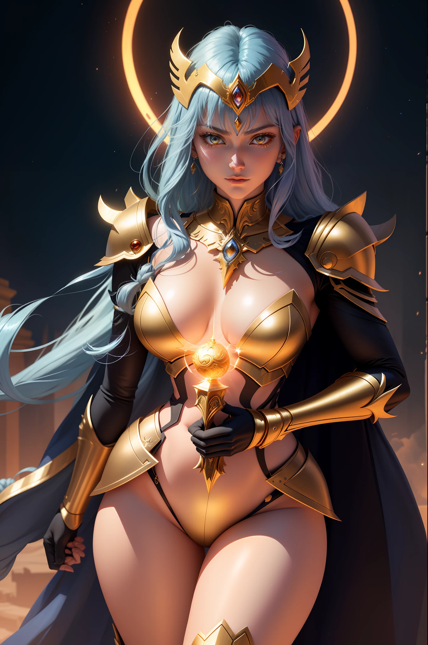 (extremely detailed CG unity 8k wallpaper,masterpiece, best quality, ultra-detailed),best illumination,an extremely delicate and beautiful,soulful,colorful shoulder armor, shine, unique face,coruscating Athena's golden sacred object,calm expression,moonlit blue glowing hair,ornate helmet, fiery cosmos, mythological spirits, eternal struggle, Os Cavaleiros do Zodíaco Saint Seiya.