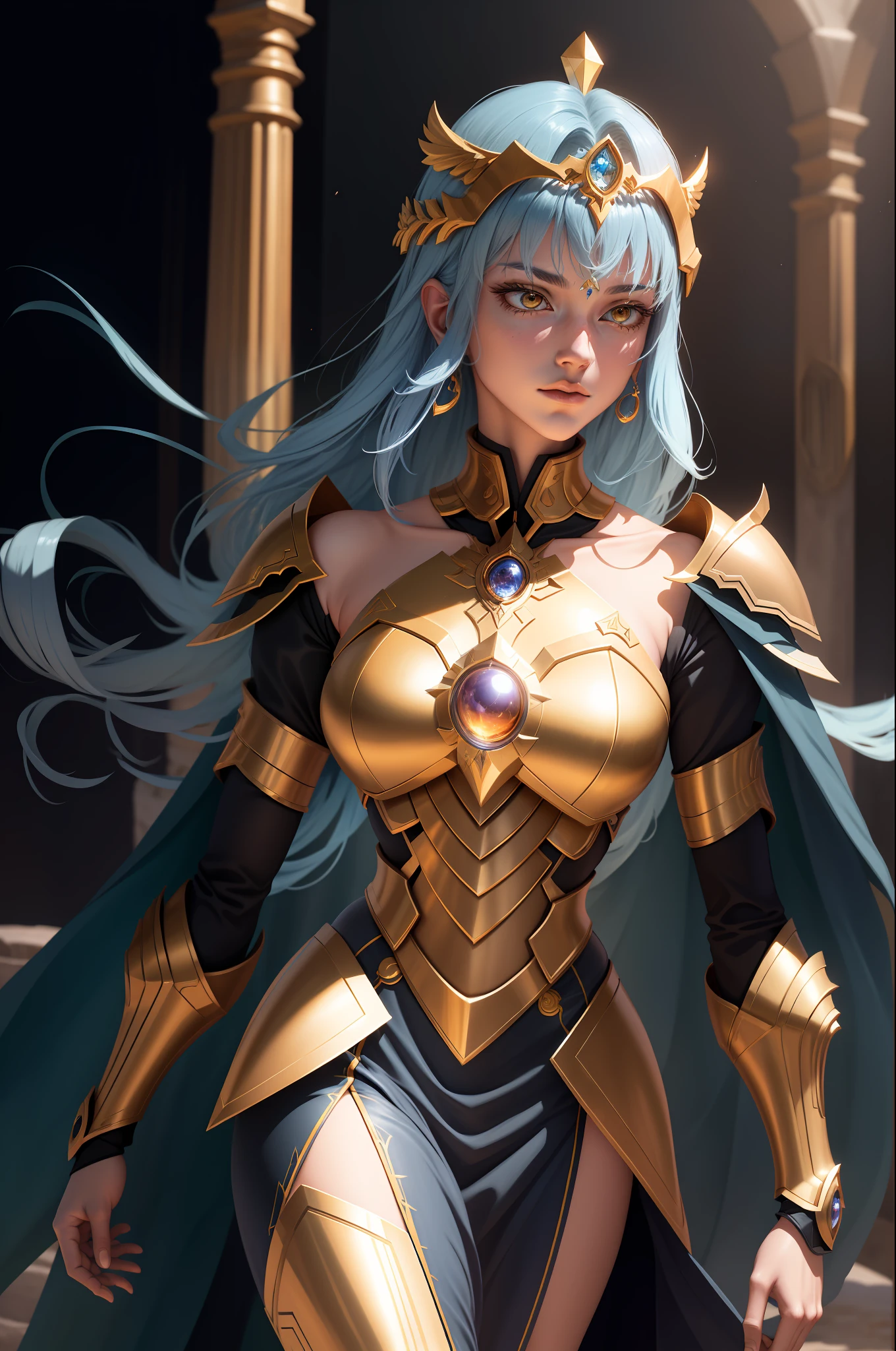 (extremely detailed CG unity 8k wallpaper,masterpiece, best quality, ultra-detailed),best illumination,an extremely delicate and beautiful,soulful,colorful shoulder armor, shine, unique face,coruscating Athena's golden sacred object,calm expression,moonlit blue glowing hair,ornate helmet, fiery cosmos, mythological spirits, eternal struggle, Os Cavaleiros do Zodíaco Saint Seiya.