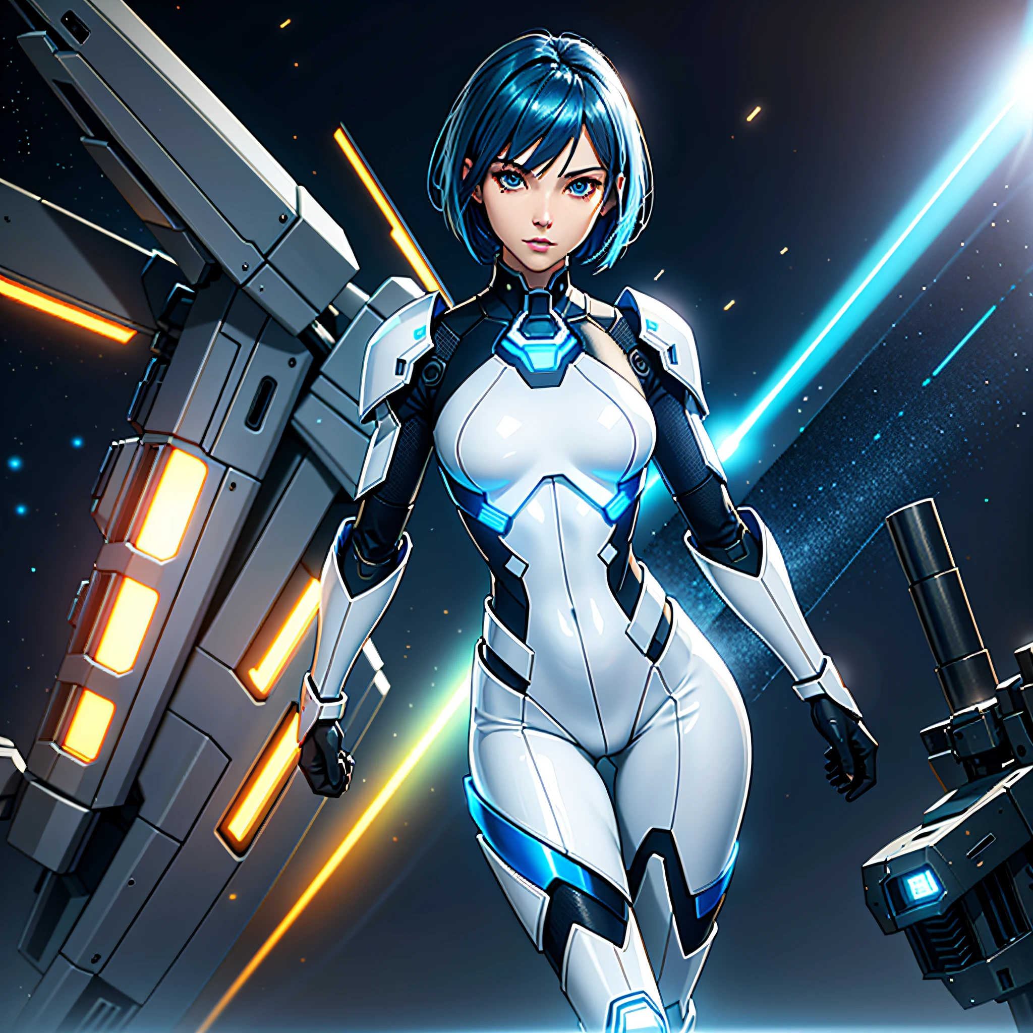 lone girl, solo, woman in her twenties, (perfect face), beautiful smile, beautiful eyes, (perfect anatomy), athletic body, (sexy), blue hair, (short blue bob cut hair), (perfect hands), (medium photography), looking at the viewer, realistic, face is Japan person, full body figure, small breasts, sparkly blue color eyes, white and blue color flight suit, tight fit clothes, full body covering clothes, beauty, Slim Body, Exoskeleton, Gundam, Metal Gear, Eye Level Shot, Exoskeleton, Heroine, Headset, Long Boots, Gloves, Airplane Cockpit, Warning Light, Measuring Instrument, Radar Equipment, Control Stick, Front-facing, Beauty, Medium, Shirt Lift, Metal Wire, Slim Body, Arm-Length Gloves, Anime Heroine, 3D Face, Beautiful Girl, Beautiful Face, Cute, Girl Face, Perfect body, Medium breasted, Slim waist, Slim legs, (High detail skin:1.2), Glowing eyes, Goddess, Natural skin texture, Shiny skin, White skin, Beautiful detailed face, Detailed face, Real skin texture, Cute delicate face, Fine face, Golden ratio, Golden ratio face, Expressive eyes, Perfect face, Perfect skin, Perfect face, Clear face, Shiny hair, pale skin, suitable body proportions, Realistic skin texture, luscious lips, shiny lips, natural makeup, beautiful bright pupils, slender figure, complex eyes, detailed pupils, fine face and eyes, headgear, mechanical halo, star halo, complex mechanical bodysuit, mechanical corset, bodysuit, full armor, dynamic angle, dynamic pose, dynamic action, (floating colorful shine(1.2), (Energy Beam: 1.3), (Highly Detailed Worn Metal Texture: 1.3), Science Fiction, (Blue Hair, Blue Theme, Blue Coloring, Blue Eyes: 1.3), Short Hair, (Humans Emitting Aura from the Body: 1.4), (Blue Energy Light Emanates from the Body: 1.4), (Whole Body: 1.3), (Fly: 1.3), (Lightning Discharge Lightning Effect: 1.2), (electrocution: 1.3), (luminescent particles: 1.4), adventurous appearance, starry sky, colorful refraction, wormhole world, futuristic cityscape, cyberpunk, machinery, very metallic texture, neon lights, (night: 1.4), wind, rembrandt lighting, space warp, fog, cinematic, pixel art, game art, key visual, surreal, PBR texturing, anisotropic filtering, maximum clarity and sharpness, albedo and specular maps, multi-layer textures, surface shading, sub-pixel convolution, accurate simulation of light-material interaction)))), BREAK, (PureErosFace_V1:0.5), (ulzzang-6500:0.5) 、(kbxll:0.6)、