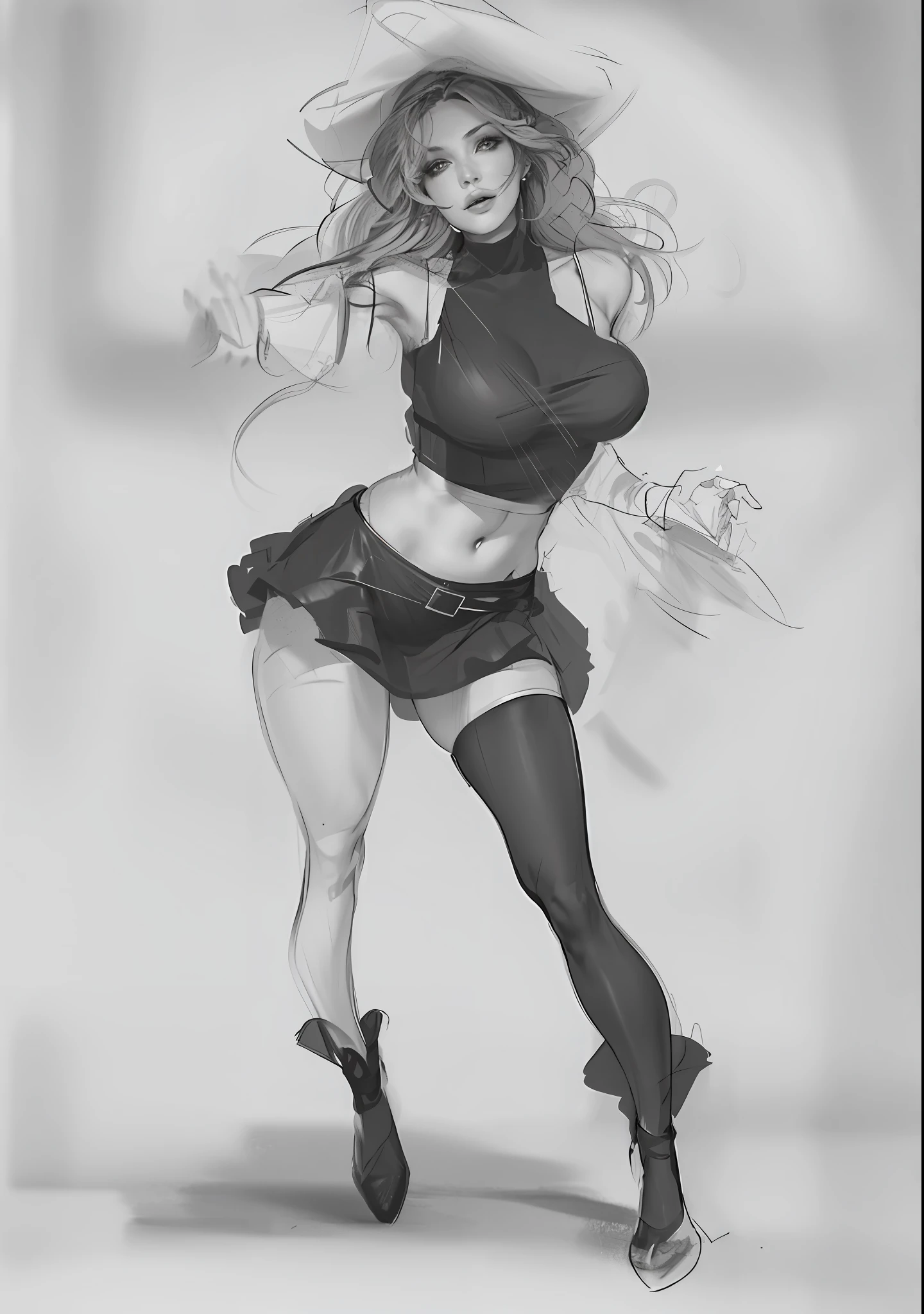 a drawing of a woman in a black top and skirt, she is dancing. realistic, black sketch.