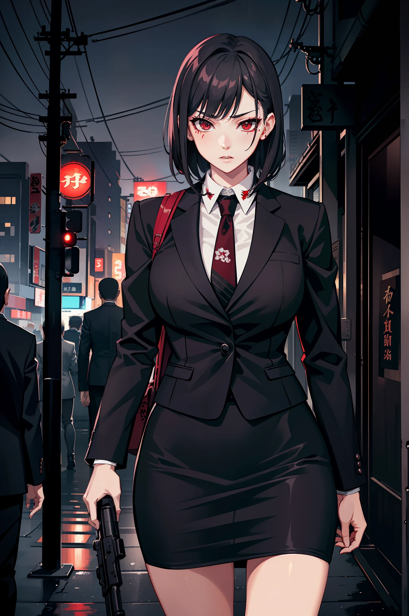 japanese yakuza mobster girl with a dark gray suit, miniskirt, pencil skirt, red eyes, uses assault rifle, facial scar, stylish, hdr, intricate details, hyperdetailed, cinematic, rim light, danger atmosphere, noir, night, cyberpunk lighting, tokyo street, rain