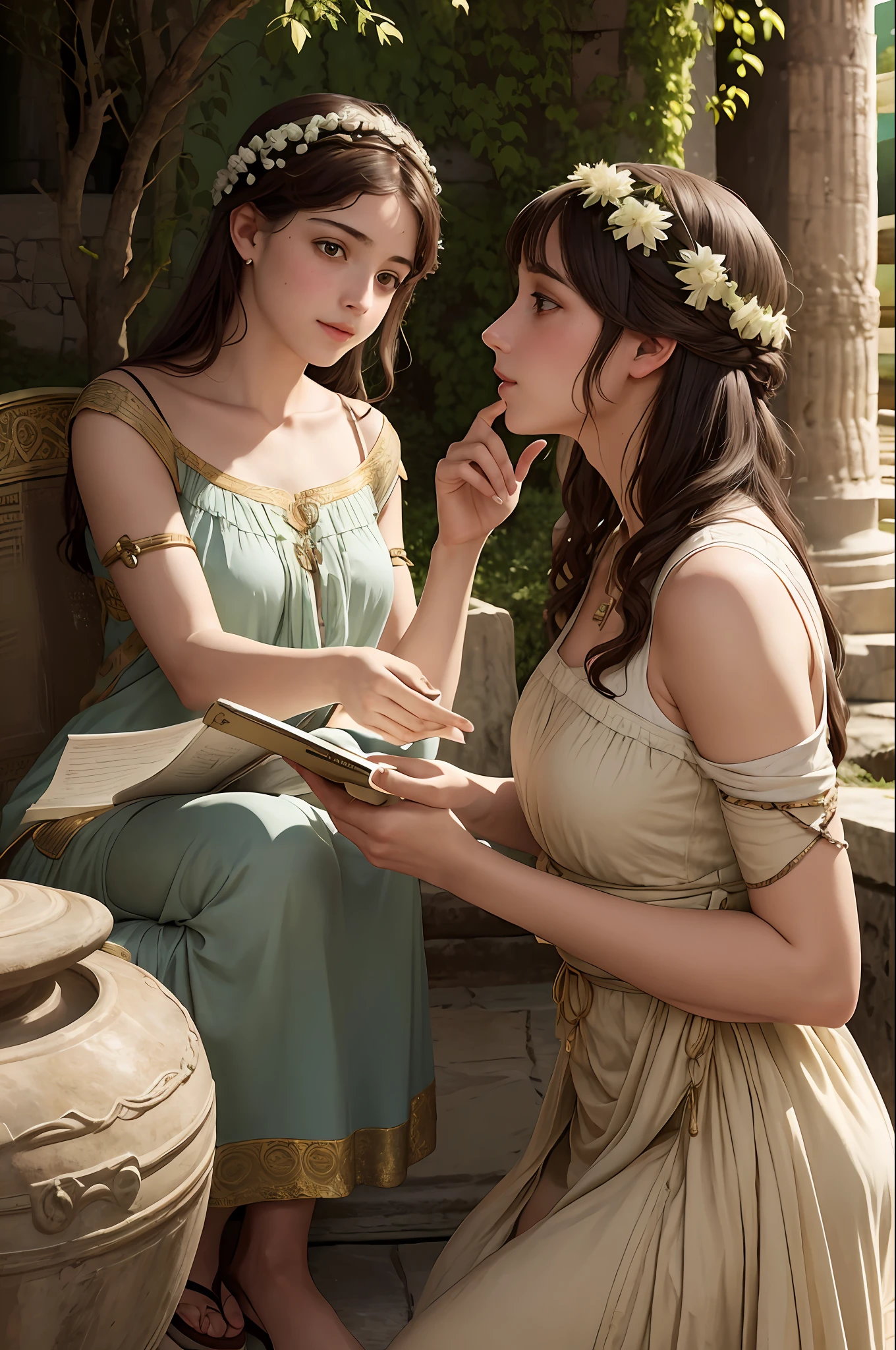 young women engaged in lively conversation, immersed in the atmosphere of the ancient Greek past,  show the faces from another angle.  captured in an artistic style similar to that of Alma Tadema. The image, while a realistic visual representation, avoids showing any reference to modern technology. Instead, the scene is portrayed as if it were a classic
painting, without the presence of the Canon EOS 5D Mark IV camera used to
