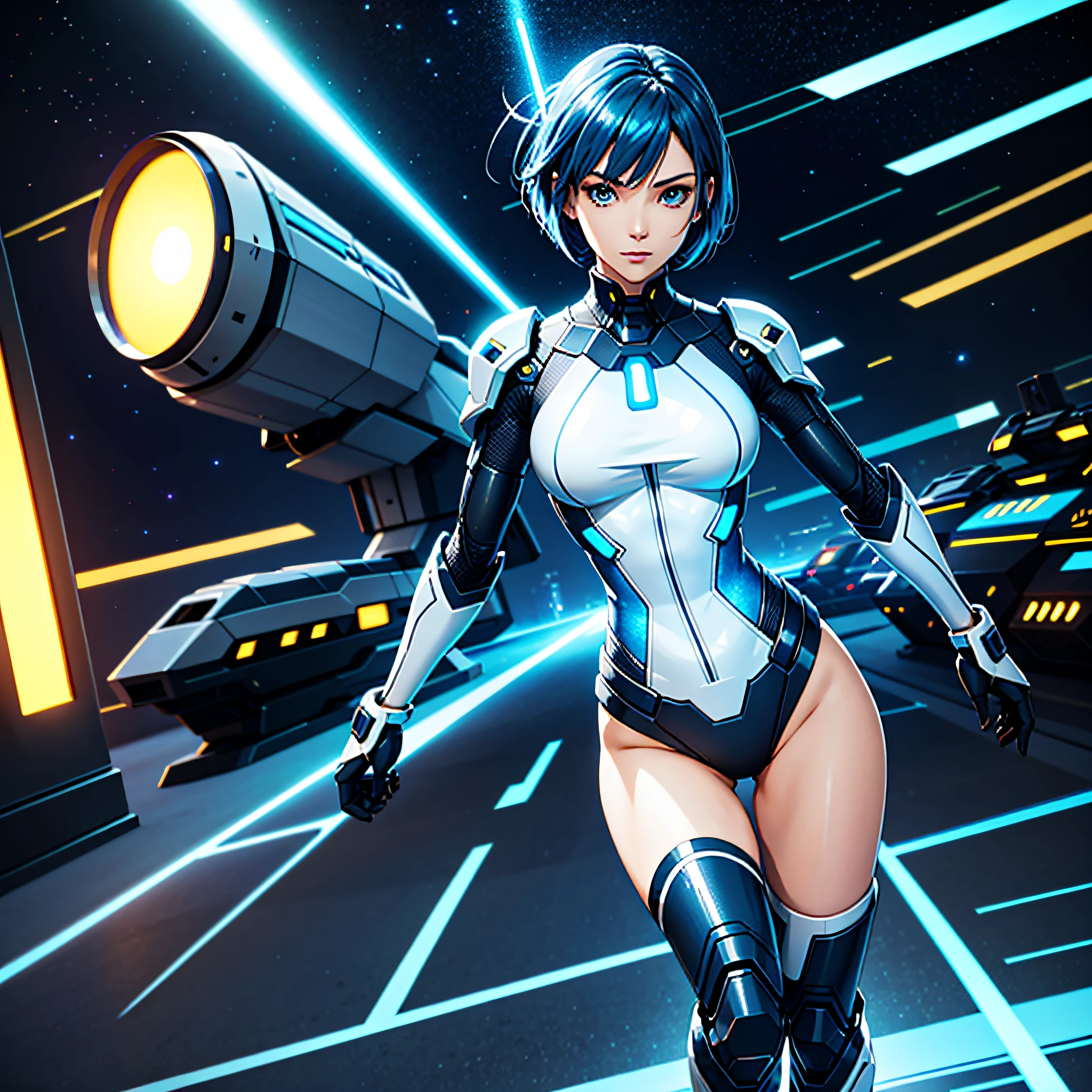 lone girl, solo, woman in her twenties, (perfect face), beautiful smile, beautiful eyes, (perfect anatomy), athletic body, (sexy), blue hair, (short blue bob cut hair), (perfect hands), (medium photography), looking at the viewer, realistic, face is Japan person, full body figure, small breasts, sparkly blue color eyes, white and blue color flight suit, tight fit clothes, full body covering clothes, beauty, Slim Body, Exoskeleton, Gundam, Metal Gear, Eye Level Shot, Exoskeleton, Heroine, Headset, Long Boots, Gloves, Airplane Cockpit, Warning Light, Measuring Instrument, Radar Equipment, Control Stick, Front-facing, Beauty, Medium, Shirt Lift, Metal Wire, Slim Body, Arm-Length Gloves, Anime Heroine, 3D Face, Beautiful Girl, Beautiful Face, Cute, Girl Face, Perfect body, Medium breasted, Slim waist, Slim legs, (High detail skin:1.2), Glowing eyes, Goddess, Natural skin texture, Shiny skin, White skin, Beautiful detailed face, Detailed face, Real skin texture, Cute delicate face, Fine face, Golden ratio, Golden ratio face, Expressive eyes, Perfect face, Perfect skin, Perfect face, Clear face, Shiny hair, pale skin, suitable body proportions, Realistic skin texture, luscious lips, shiny lips, natural makeup, beautiful bright pupils, slender figure, complex eyes, detailed pupils, fine face and eyes, headgear, mechanical halo, star halo, complex mechanical bodysuit, mechanical corset, bodysuit, full armor, dynamic angle, dynamic pose, dynamic action, (floating colorful shine(1.2), (Energy Beam: 1.3), (Highly Detailed Worn Metal Texture: 1.3), Science Fiction, (Blue Hair, Blue Theme, Blue Coloring, Blue Eyes: 1.3), Short Hair, (Humans Emitting Aura from the Body: 1.4), (Blue Energy Light Emanates from the Body: 1.4), (Whole Body: 1.3), (Fly: 1.3), (Lightning Discharge Lightning Effect: 1.2), (electrocution: 1.3), (luminescent particles: 1.4), adventurous appearance, starry sky, colorful refraction, wormhole world, futuristic cityscape, cyberpunk, machinery, very metallic texture, neon lights, (night: 1.4), wind, rembrandt lighting, space warp, fog, cinematic, pixel art, game art, key visual, surreal, PBR texturing, anisotropic filtering, maximum clarity and sharpness, albedo and specular maps, multi-layer textures, surface shading, sub-pixel convolution, accurate simulation of light-material interaction)))), BREAK, (PureErosFace_V1:0.5), (ulzzang-6500:0.5) 、(kbxll:0.6)、