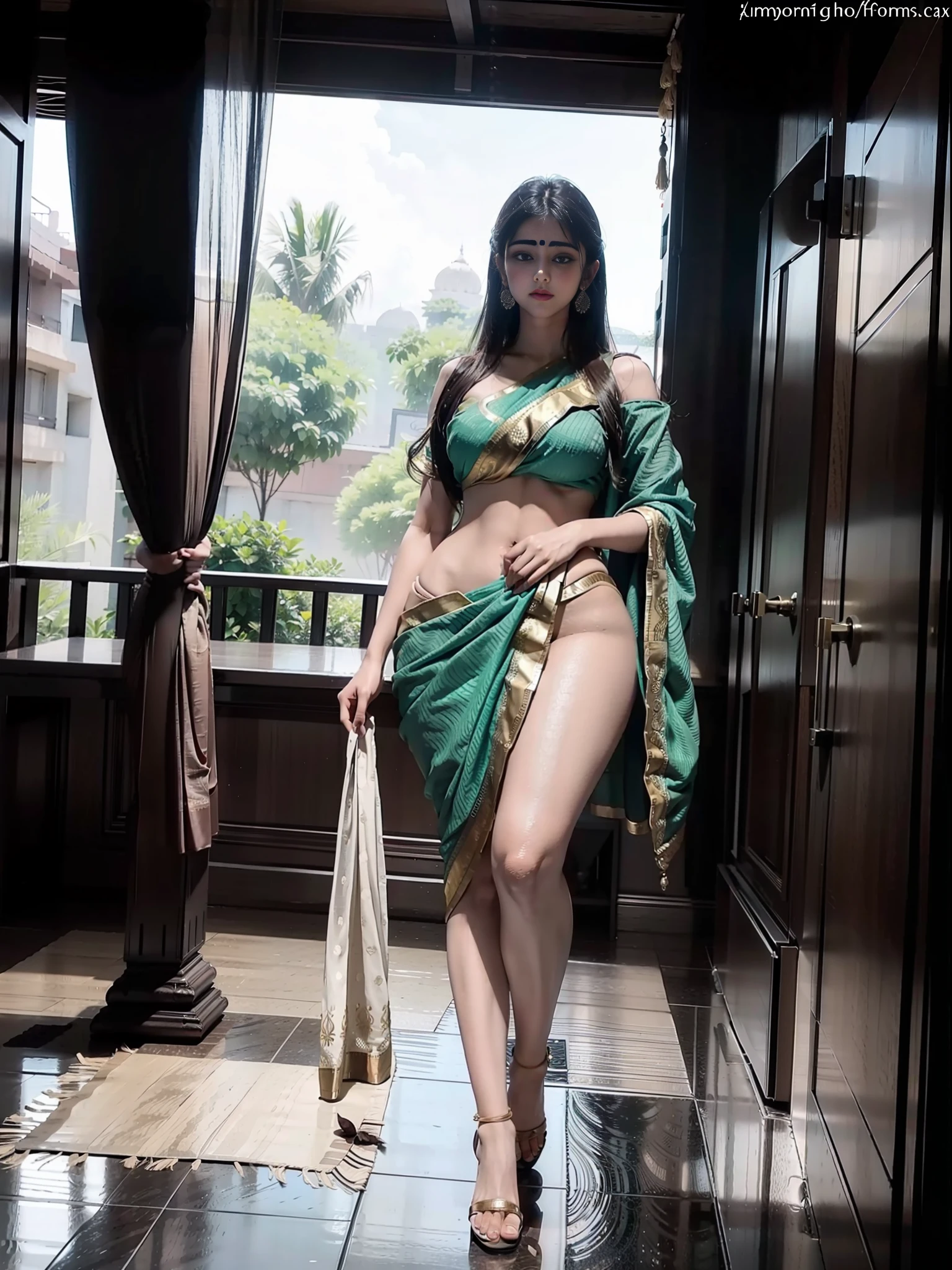 Nude indian women in saree, 1 girl,  thick thighs, legs, pubic hair, large breasts, high heels, big ass, beautiful face, ((good proportion)), alluring body, [perfect eyes], seducing, looking at the viewer, indian female, india background