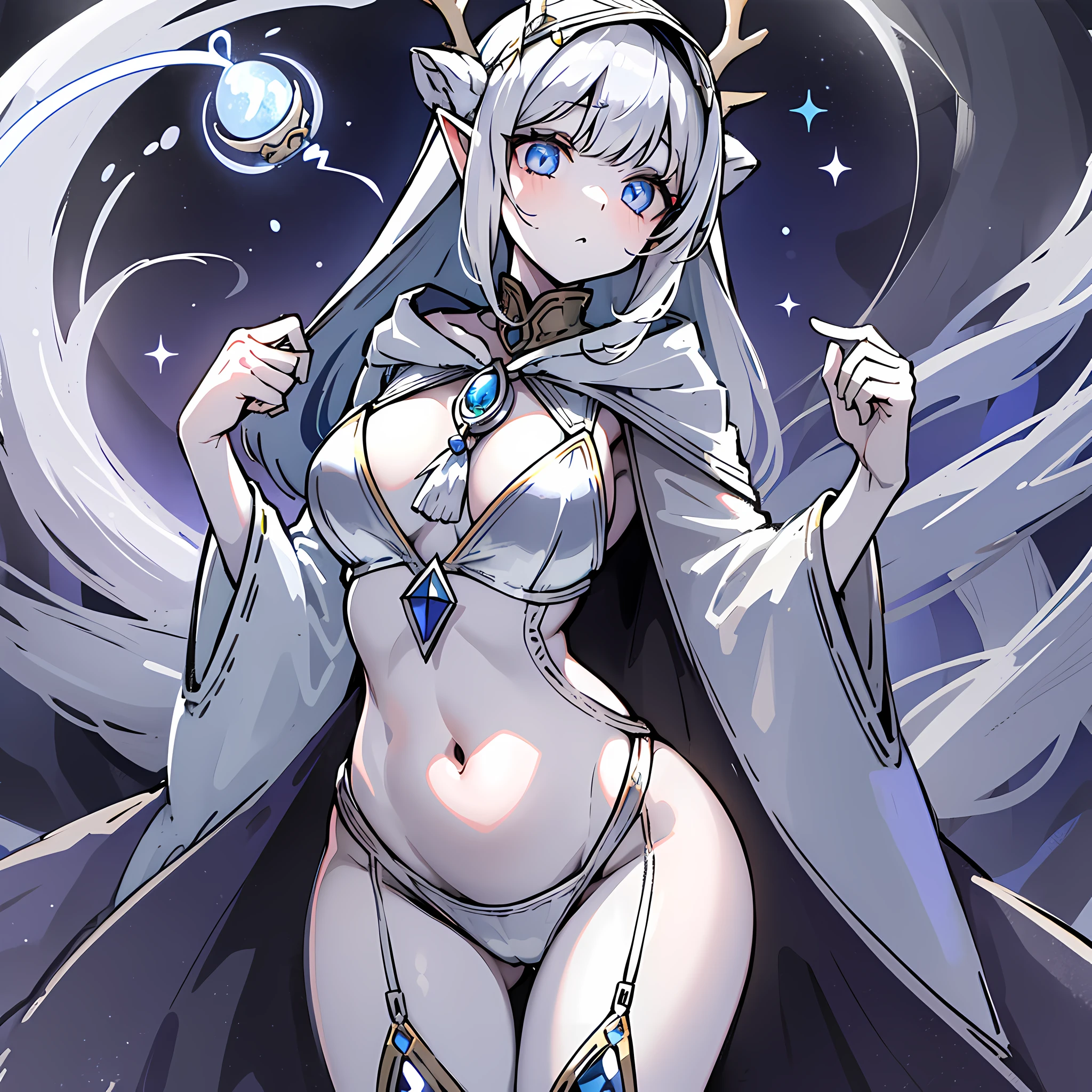 Elf ears, pointed ears, ((robe)), ((hood up)), ((hood with antlers)), Mysterious, Enigmatic, Otherworldly, Solitary, Sage, Lunar being, Moonlight, Silver-white hair, Shimmering blue and silver ribbons, Moonlit night, ((Reflective eyes)), Deep wisdom, Melancholy, Graceful, Pale luminescence, Moonlight glow, Silver-white hair, Shimmering blue and silver ribbons, Reflective eyes, Silvery-blue glow, Moonlit night, Flowing gown, Phases of the moon, Dark blue, Deep purple, Silver and gold celestial patterns, Stars, Moons, Constellations, High collar, Hood, Silver amulet, Delicate chain, lantern, Moon, Gentle source of light, Silver rings, Moonstones, ((1girl)), ((simple background)), ((colored background)), ((wide hips)), ((full body)), ((pin up)), ((big butt)), ((big eyes)), ((colored skin)), (hooded robes)), ((robes)), ((from below)), ((adult)), ((stripping))
