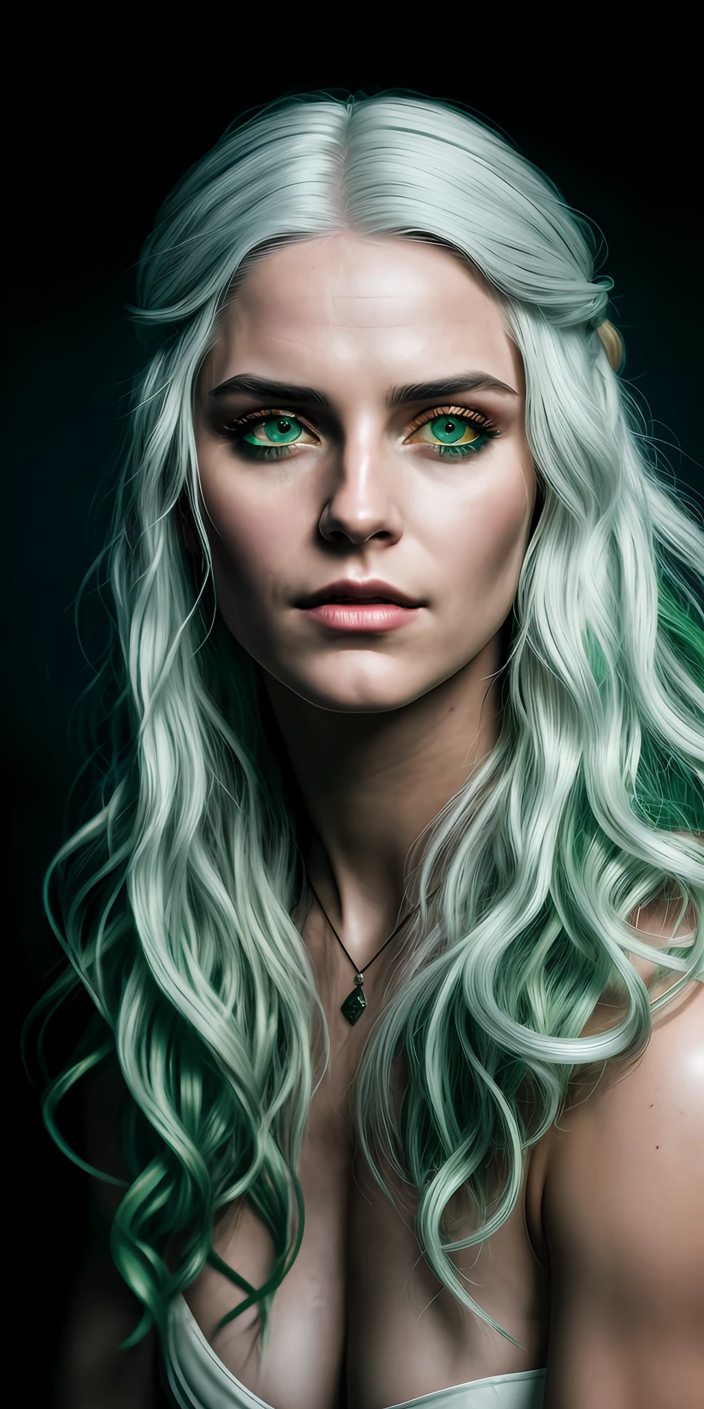 ciri the witcher, (((green eyes, long white hair))), photorealistic, photo, masterpiece, realistic, realism, photorealism, high contrast, photorealistic digital art trending on Artstation 8k HD high definition detailed realistic, detailed, skin texture, hyper detailed, realistic skin texture, armature, best quality, ultra high res, (photorealistic:1.4),, high resolution, detailed, raw photo, sharp re, by lee jeffries nikon d850 film stock photograph 4 kodak portra 400 camera f1.6 lens rich colors hyper realistic lifelike texture dramatic lighting unrealengine trending on artstation cinestill 800,