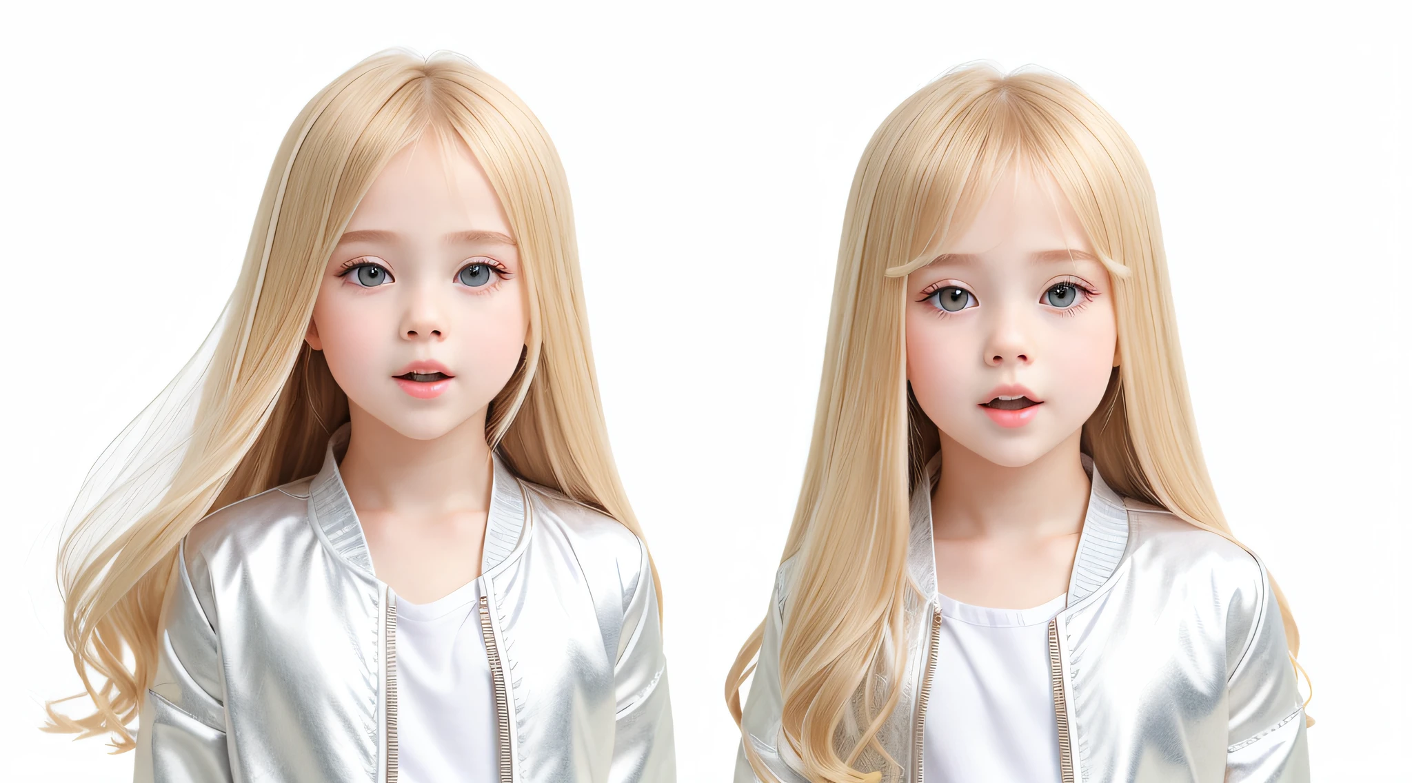 masterpiece, best quality, realistic, girl child hair BLONDE, long hair, SILVER JACKET, broad shoulders, small head, upper body, (white background: 1.3), mouth closed.