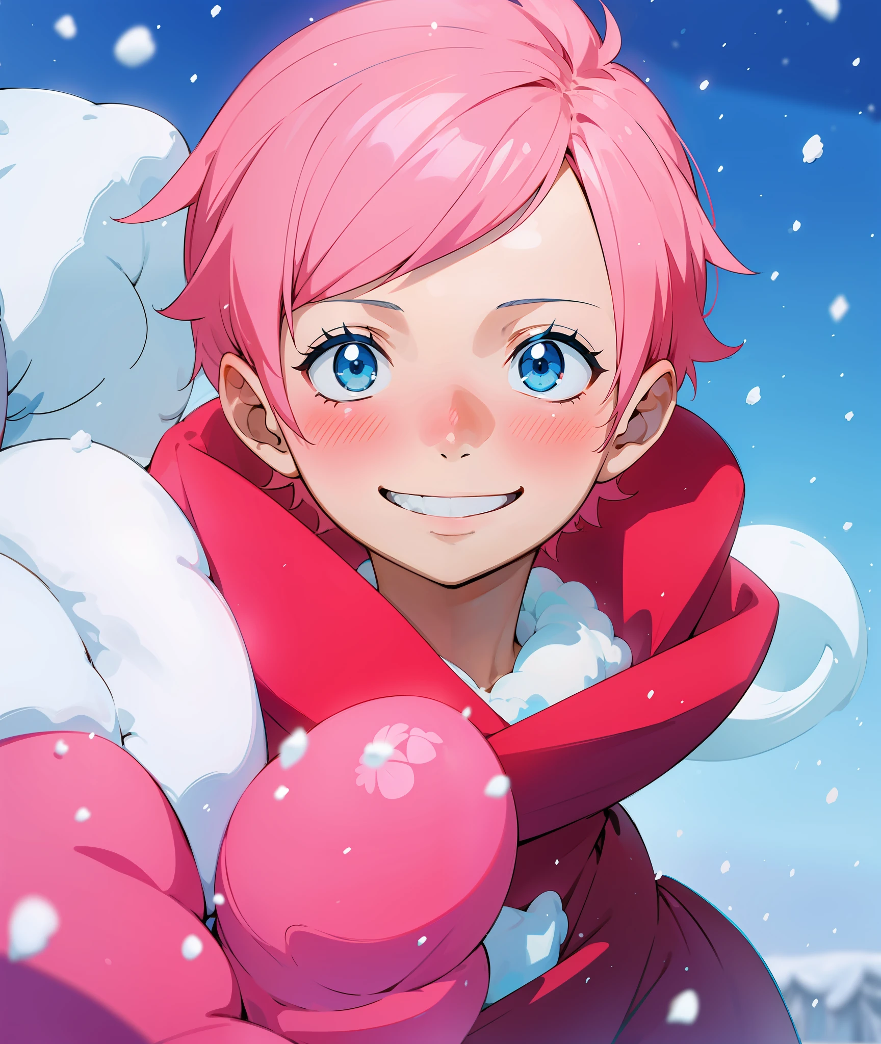 1boy, coral pink hair, short hair, blue clothes, blue eyes, happy, short, smiling, winter, snow, blushing