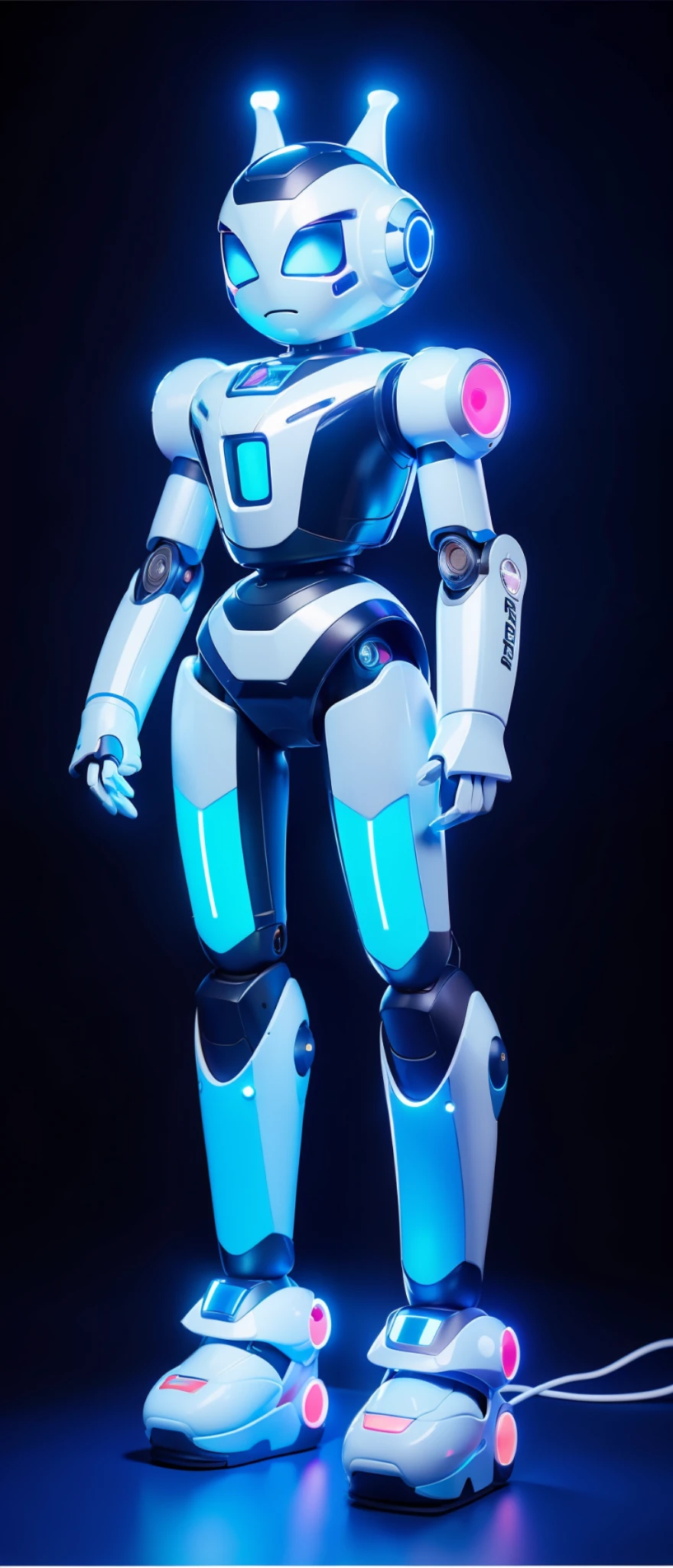 (better lighting:1.3, better shadows:1.3, an incredibly cute and detailed robot:1.5, full-body front view in a dynamic scene:1.2), futuristic background, vibrant yet soft colors, a touch of neon, reflections, warm and comfortable atmosphere.