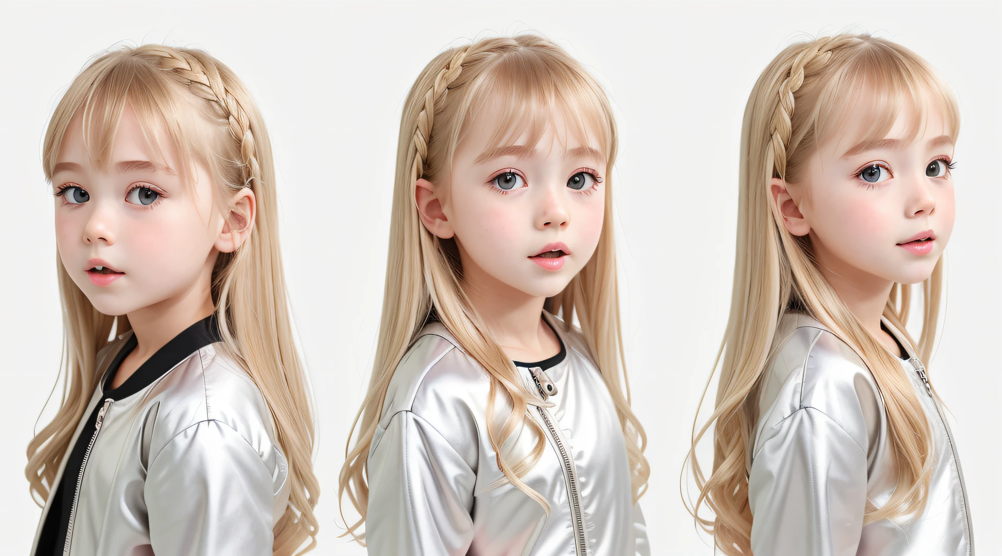 masterpiece, best quality, realistic, girl children hair BLONDE, long hair, SILVER JACKET, broad shoulders, small head, upper body, (white background: 1.3), mouth closed.